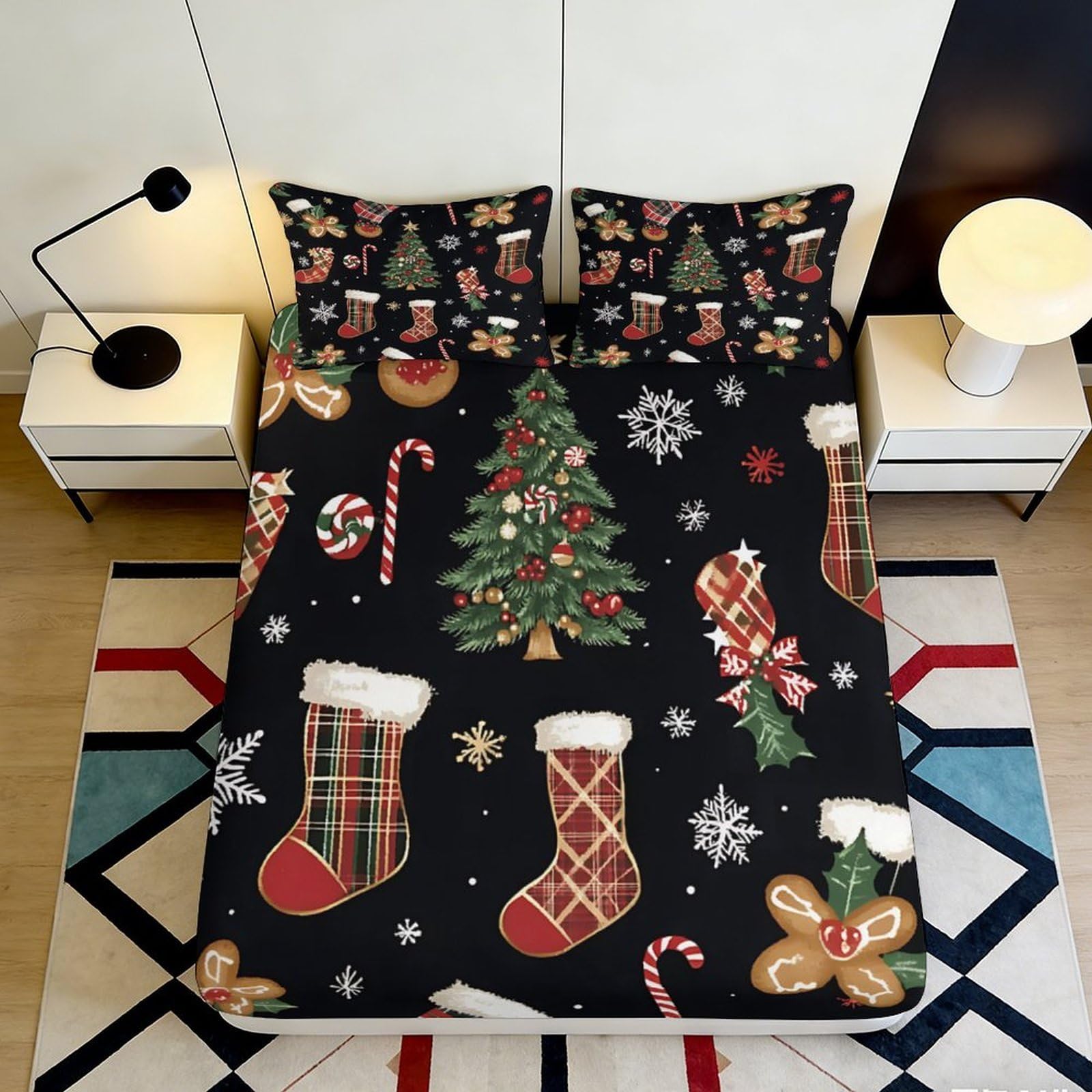 3D Printed Christmas Tree Fitted Sheet Microfiber Festive Stockings Bed Cover for Bedroom Dorm Mattress Decor 90x200x25cm