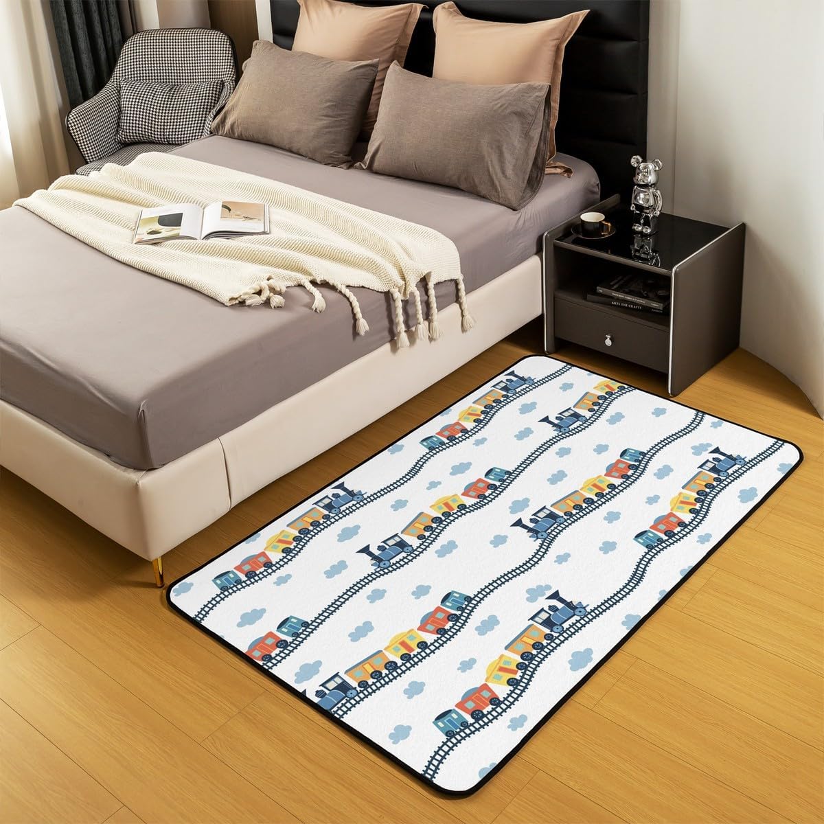 Kids Train Area Rugs 3x5 for Boys Girls, Cartoon Car Washable Rug, Steam Engine Indoor Floor Mat, Railway Vehicles Carpet Non Slip, Transportation Truck Decorative Rug for Bedroom Living Room