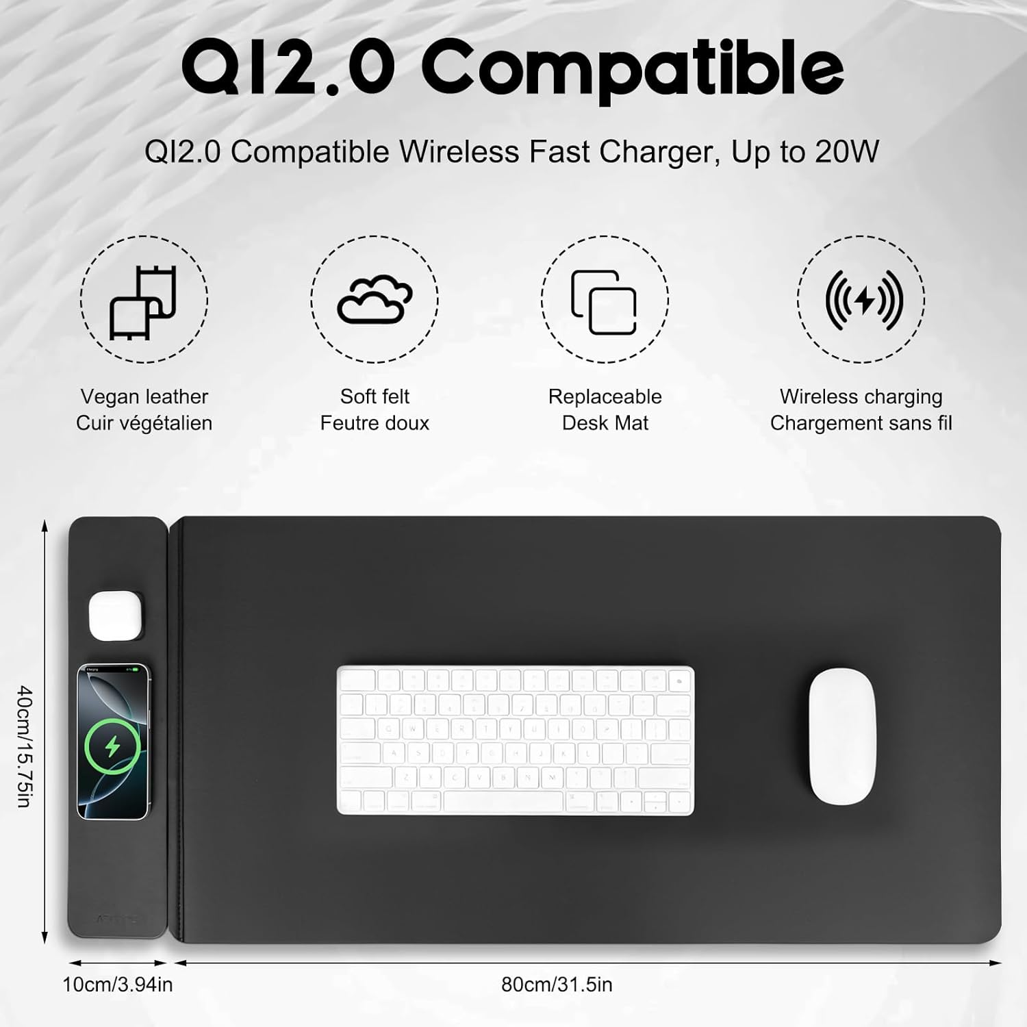 Wireless Charging Mouse Pad with 2nd Gen Tech, 3-in-1 25W Fast Charger, Replaceable Felt & Leather Desk Mat, for Office & Gaming, Large Waterproof Desk Pad for Office & Gaming(Felt)