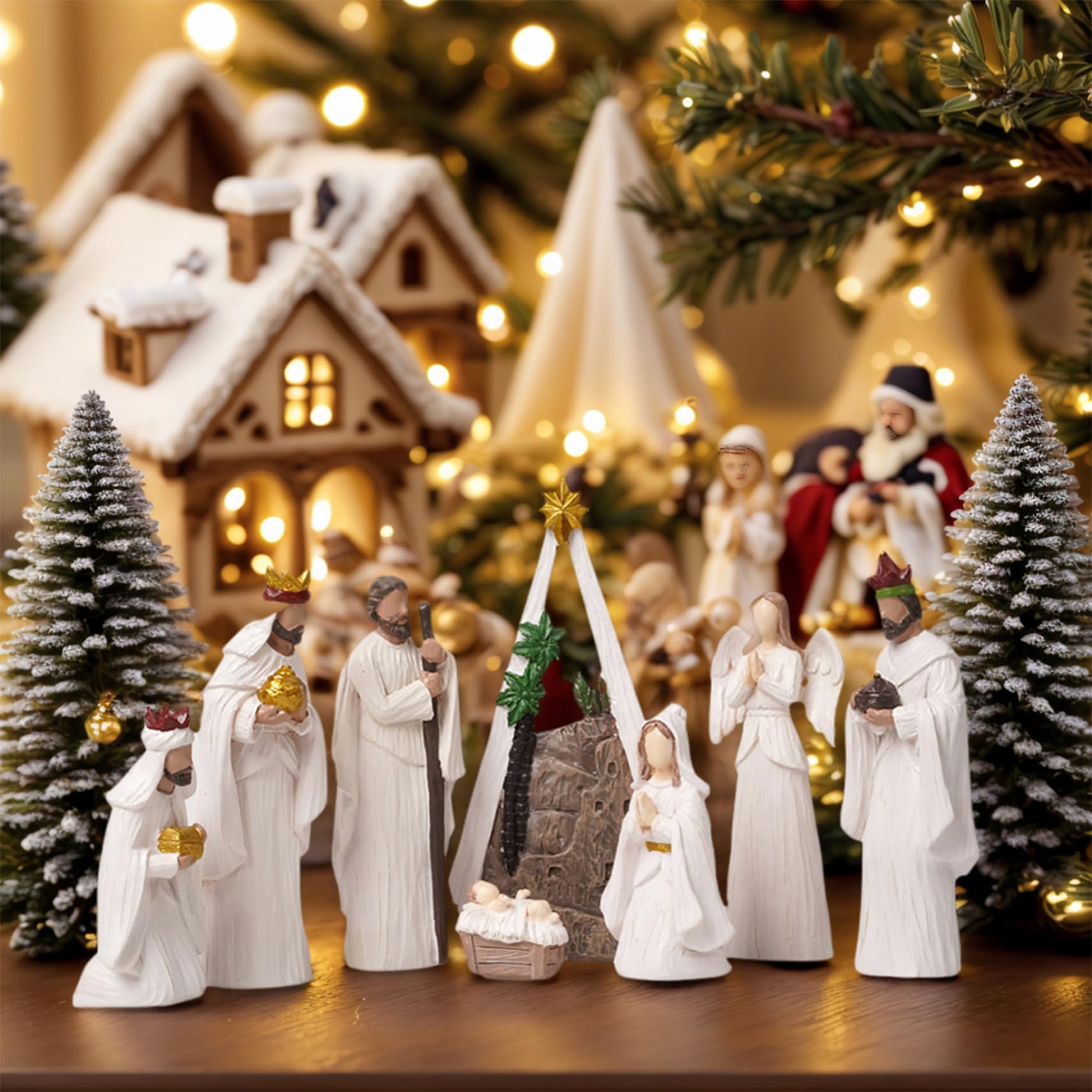 Ensemble de crèche de Noël (8 pièces) Moderne en résine Blanche avec Figurines scène la Nativité, Ornements Table Religieux, Objets Collection Noël pour décorations Vacances