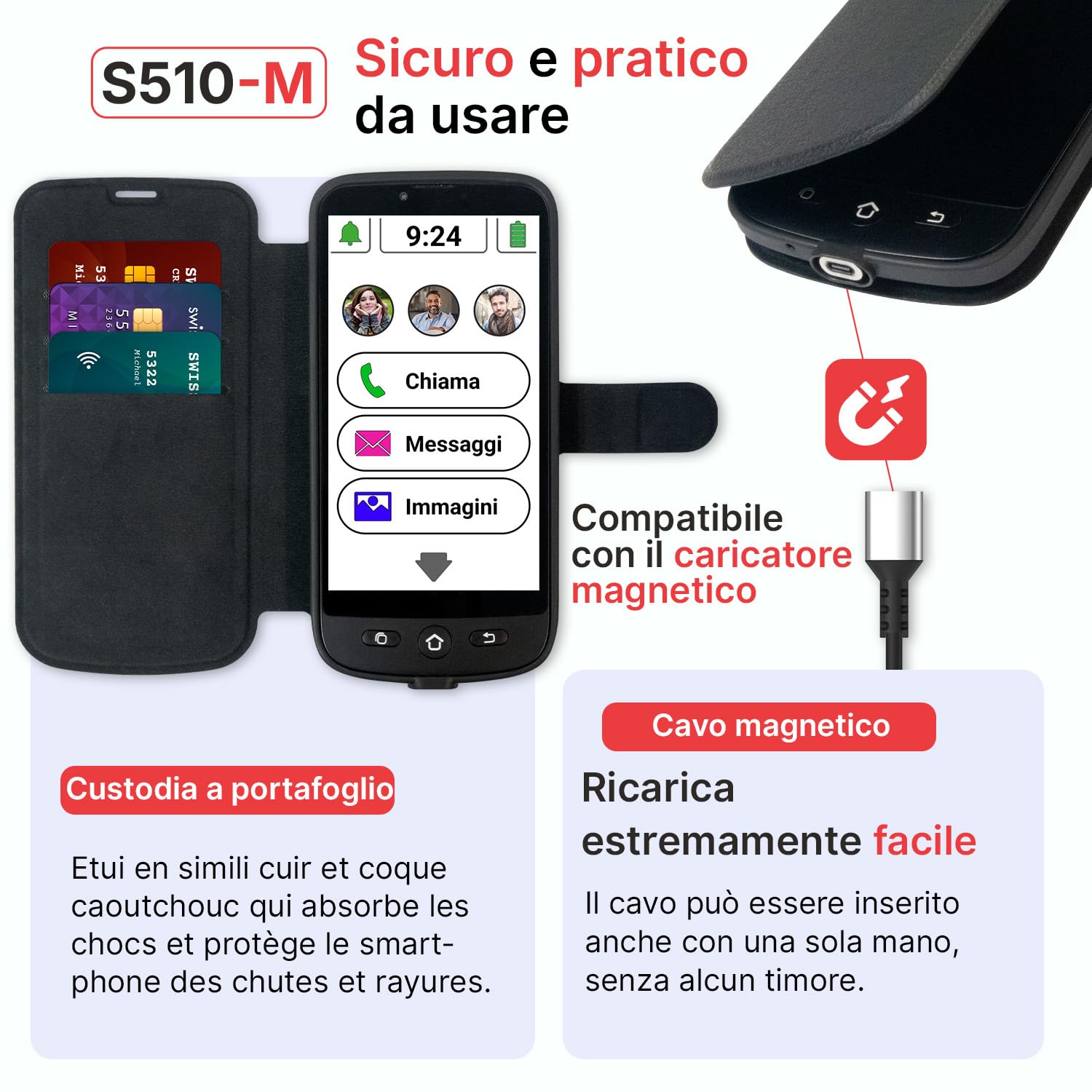 swissvoice - Smartphone S510-M + Cavo Magnetico di Ricarica + Custodia Protettiva a Portafoglio - Facile da Usare - Tasto SOS - Smartphone 4G per Anziani - Sbloccato - Nero