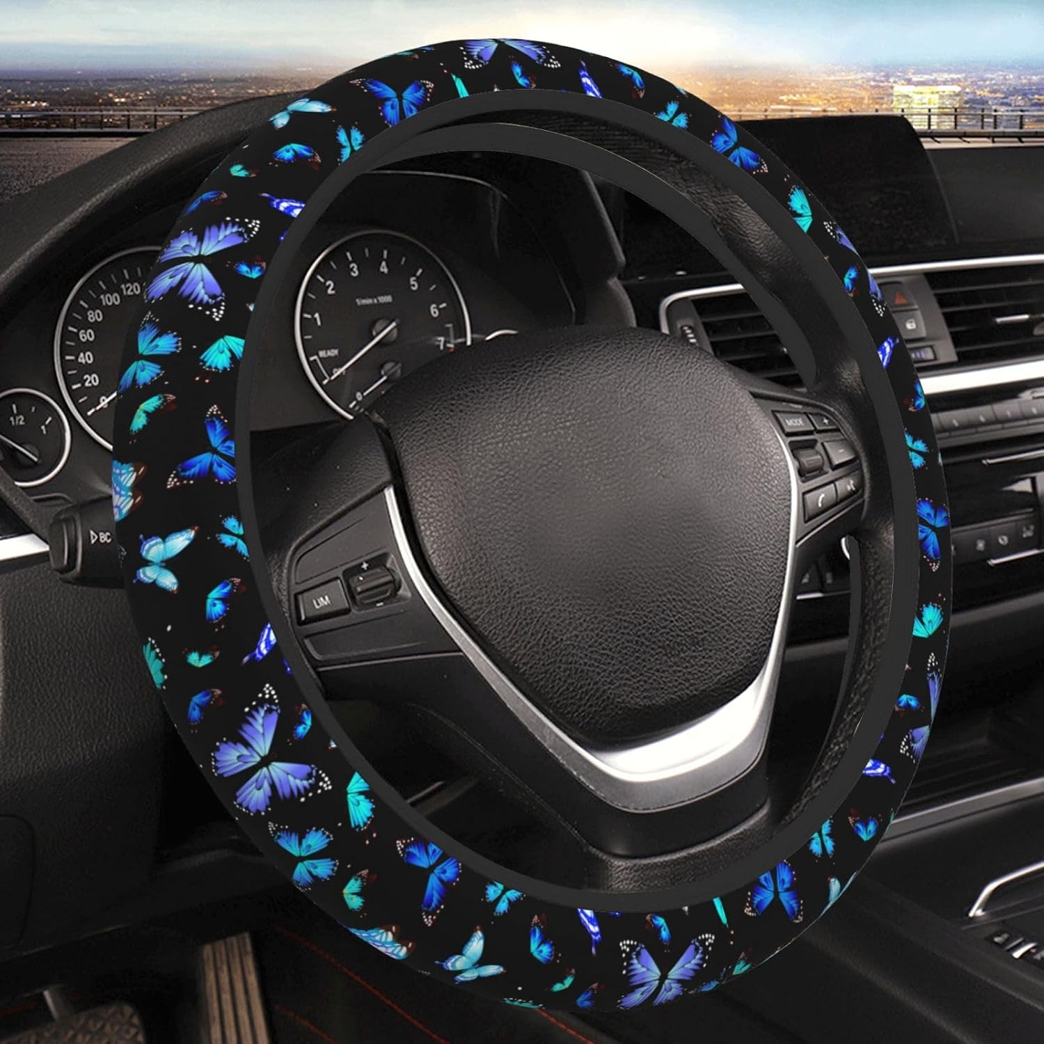 Blue Butterfly Steering Wheel Cover for Men Women Universal Car Accessories 15 Inch Neoprene Auto Interior Decor