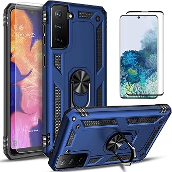 STARSHOP Compatible with Samsung Galaxy S21 FE 5G Case Phone Cover, with [Tempered Glass Screen Protector Included], Military Grade Shockproof Drop Protective with Metal Kickstand- Navy
