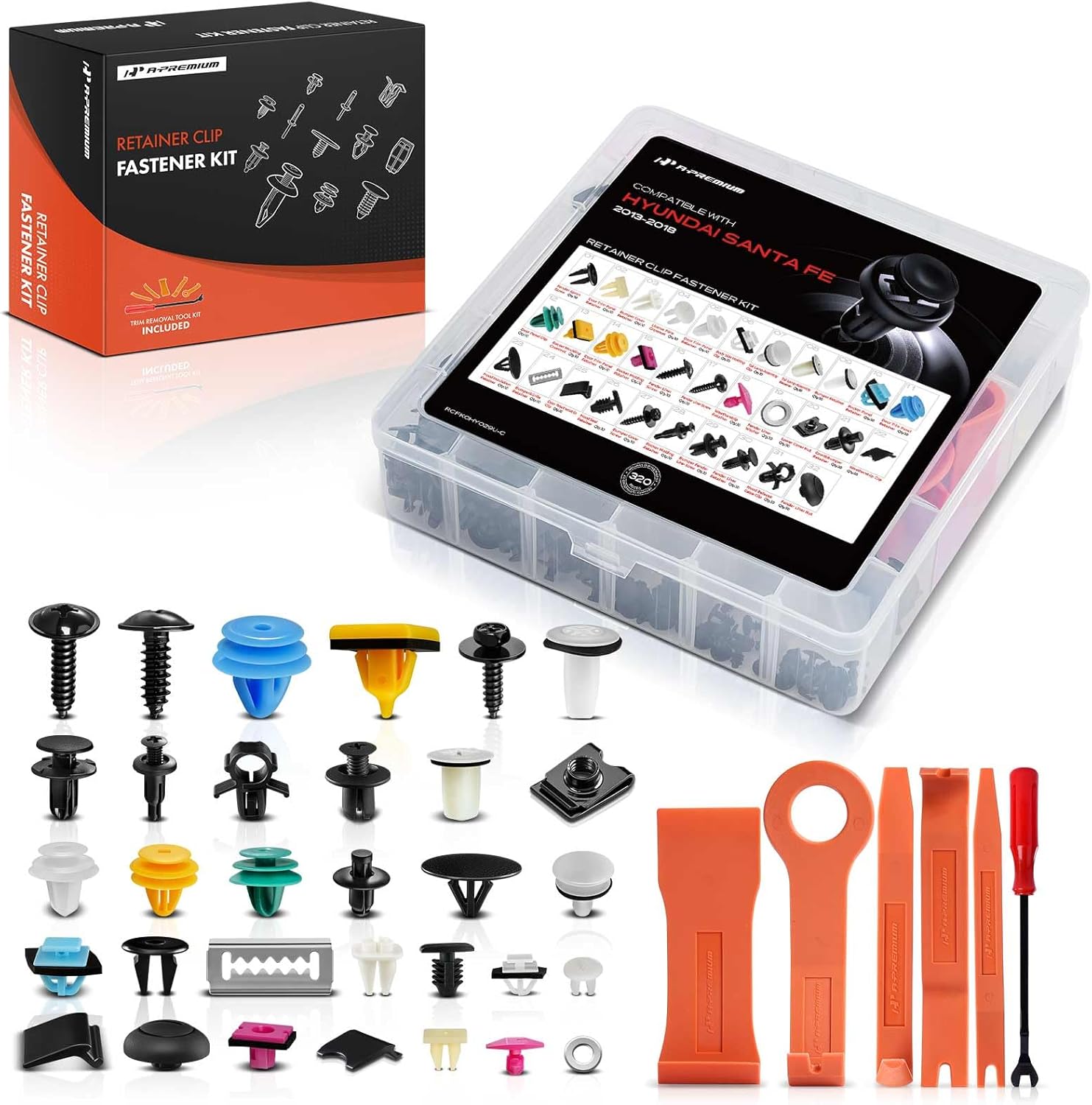 A-Premium 320 Pcs (27-Type) Car Retainer Clip Kit Compatible with Hyundai Santa Fe 2013-2018 Fender Liner Push-Type Retainer Auto Push Pin Plastic Rivet Fastener Replacement Set, w/Removal Tool