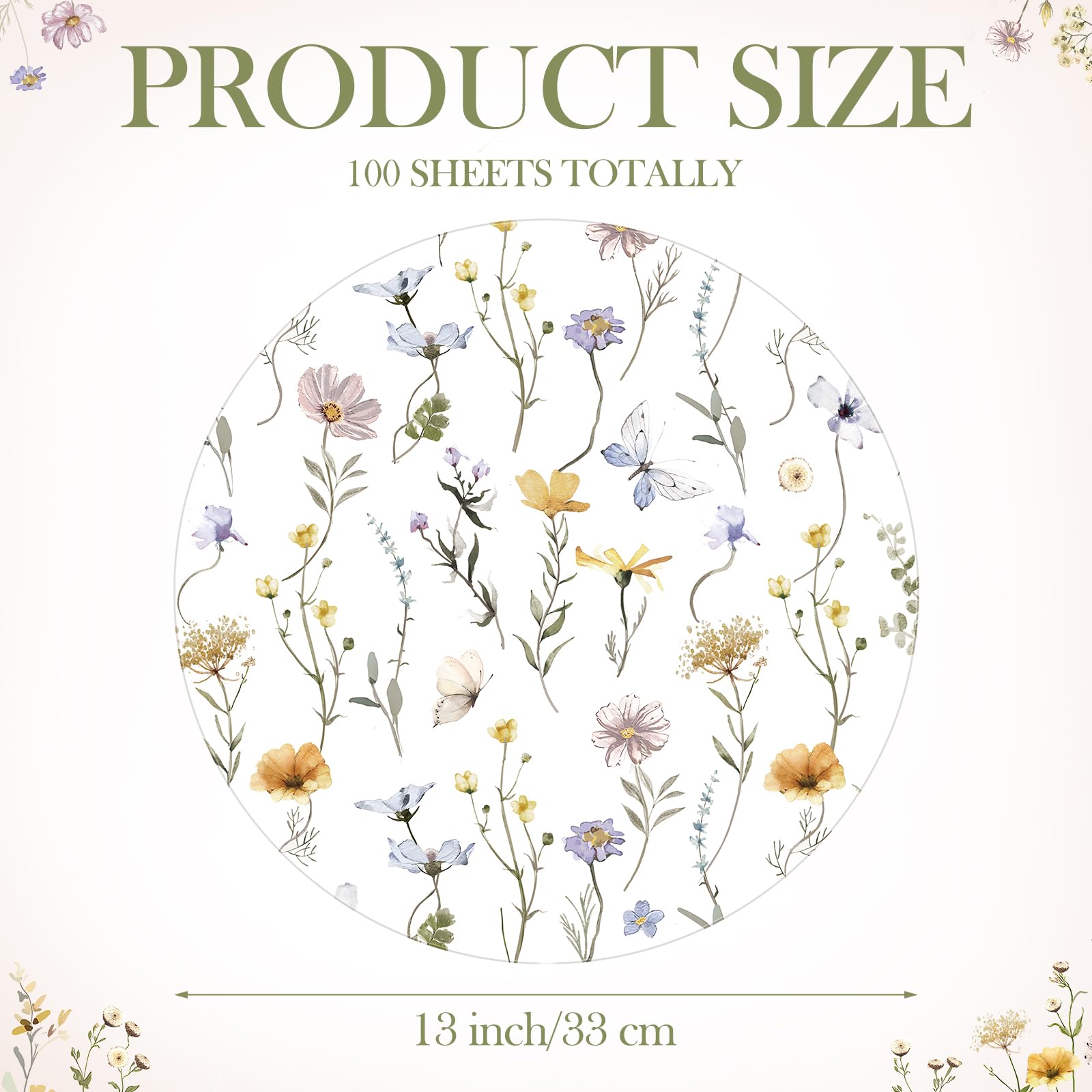 Paquete de 100 manteles individuales de papel de flores silvestres de 13 pulgadas, manteles individuales redondos florales para fiestas, mariposas, flores, manteles individuales desechables