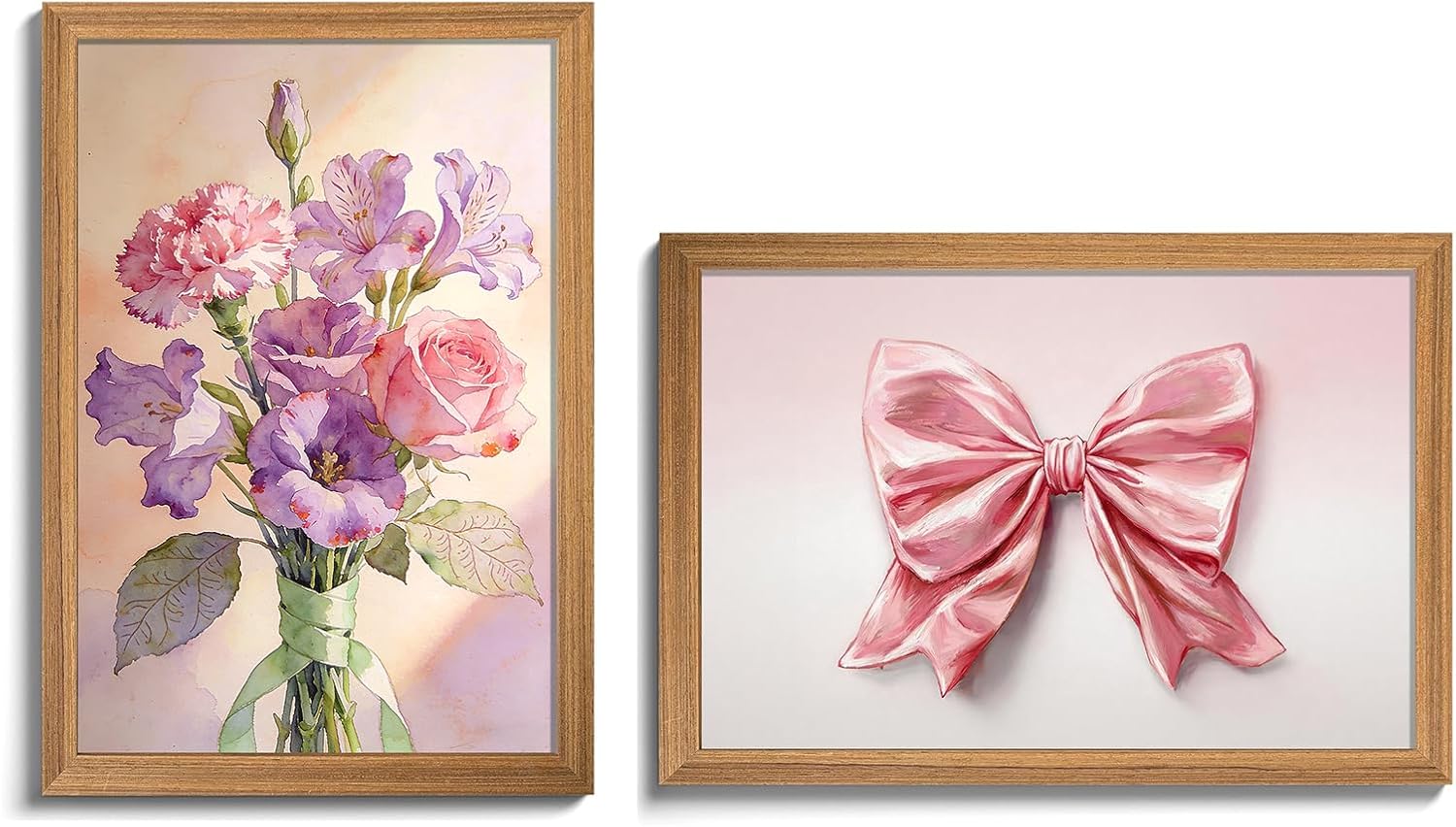 Tcnenaxv Romantic Watercolor Pink Rose & Coquette Light Pink Bow Wall Decor, Aesthetic Floral & Girly Art for Teen Girls Bedroom Dorm Living Room Bathroom, Trendy Home Gift