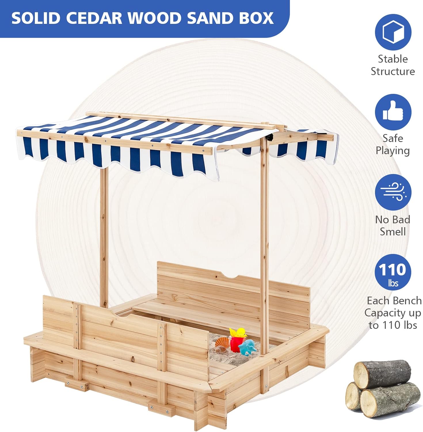 Costzon Kids Wooden Sandbox with Convertible Canopy, Cedar Square Cabana Sandbox with Cover, 2 Bench Seats w/Backrest, Children Outdoor Playset Sandpit for Backyard, Home, Lawn, Garden, Beach