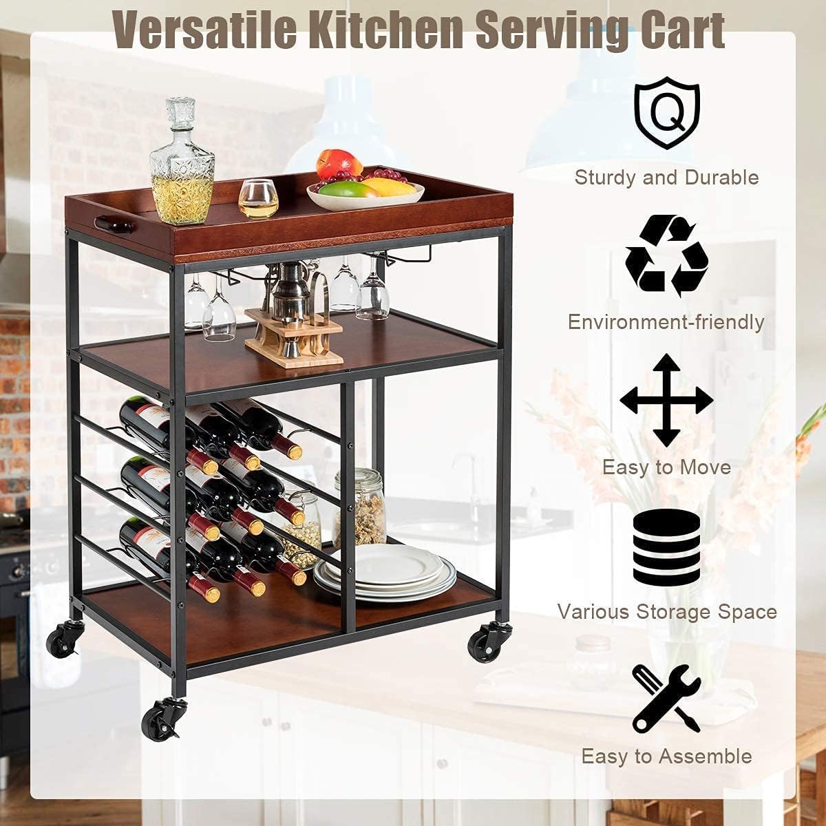 OGFC 45131 Kitchen Island Cart Rolling Trolley 3-Tier Industrial Style Serving Trolley Utility Kart Wood Kitchen Stand with Glasses Holder and 9 Wine Bottles Rack Metal Frame and Castors 3