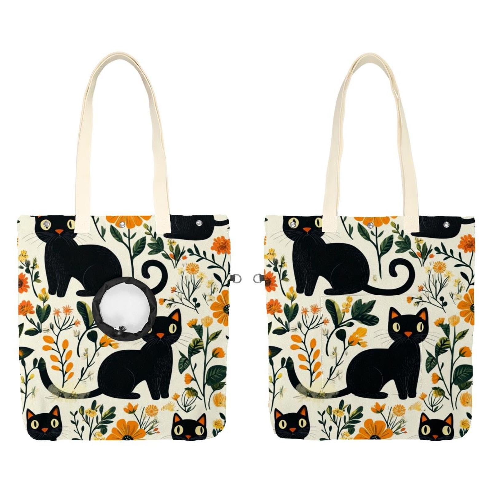 Bolsa de transporte para mascotas con diseño de gatos negros y flores, bolso de lona para perros