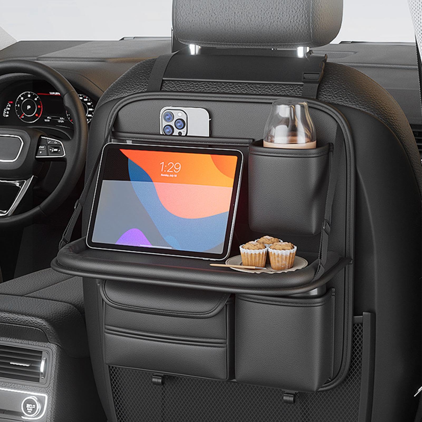 Organizador de asiento trasero – Organizador de asiento trasero de coche | con bandeja plegable | Bolsa de almacenamiento para asiento trasero de coche | Organizador de asiento trasero de coche con