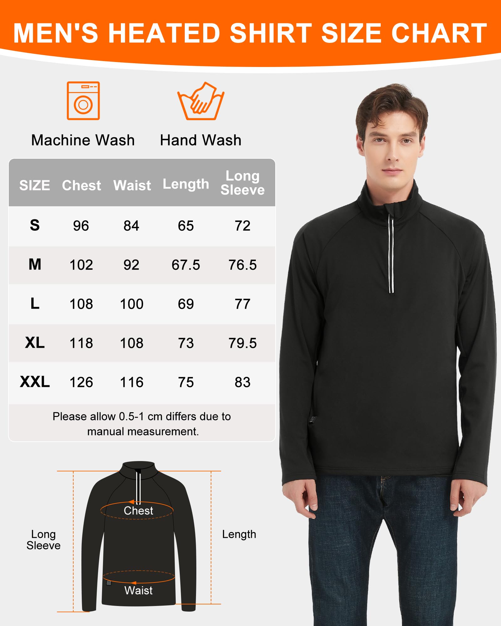 FERNIDA Camiseta calefactable para hombre con banco de energía, manga larga, con media cremallera, sudadera deportiva térmica, con 3 niveles de temperatura para invierno cálido