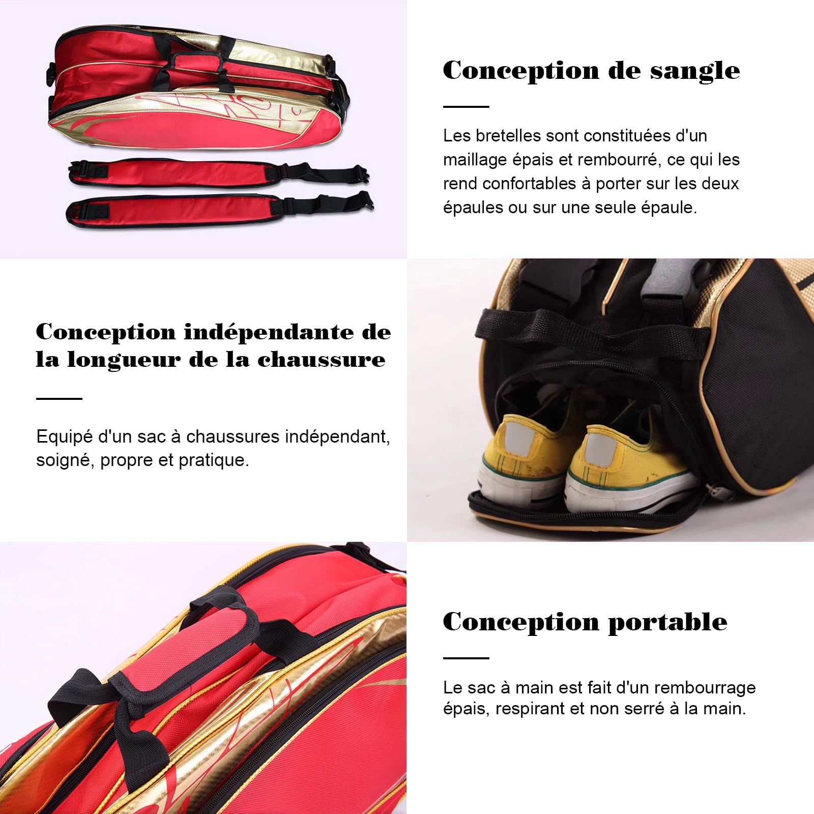 Bolsa de raqueta de bádminton con organizador de 3 a 6 raquetas de nieve, impermeable, bolsa de transporte de tenis portátil con almacenamiento de calzado, ropa, bolsa de hombro de gran