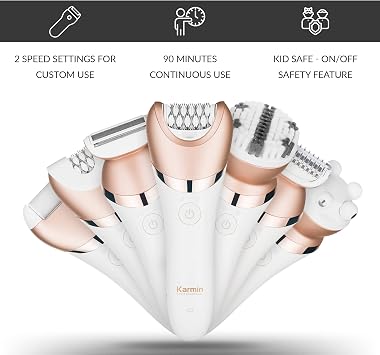 Karmin 5 in1 Wet Dry Epilator for Women Hair Removal, Cordless Electric Shaver, Trimmer, Facial, Body, Arm, Leg Hair Remover, USB Rechargeable, Waterproof, Shave, Exfoliate, Smooth, Buff, Massage