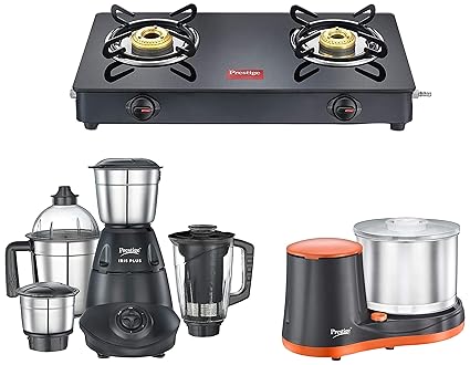 Prestige IRIS Plus 750 watt mixer grinder & Prestige Magic Glass Top 2 Burner Gas Stove, Black & PWG 07 Wet Grinder, 2L (Multicolor), 200 Watt