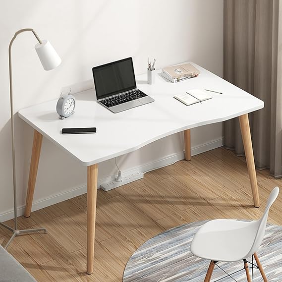 Modern Computer Desk Small Desk, Ergonomic Design Plate Spacious Desktop Computer Desk Solid Wood PC Work Writing Table White
