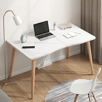 Modern Computer Desk Small Desk, Ergonomic Design Plate Spacious Desktop Computer Desk Solid Wood PC Work Writing Table White