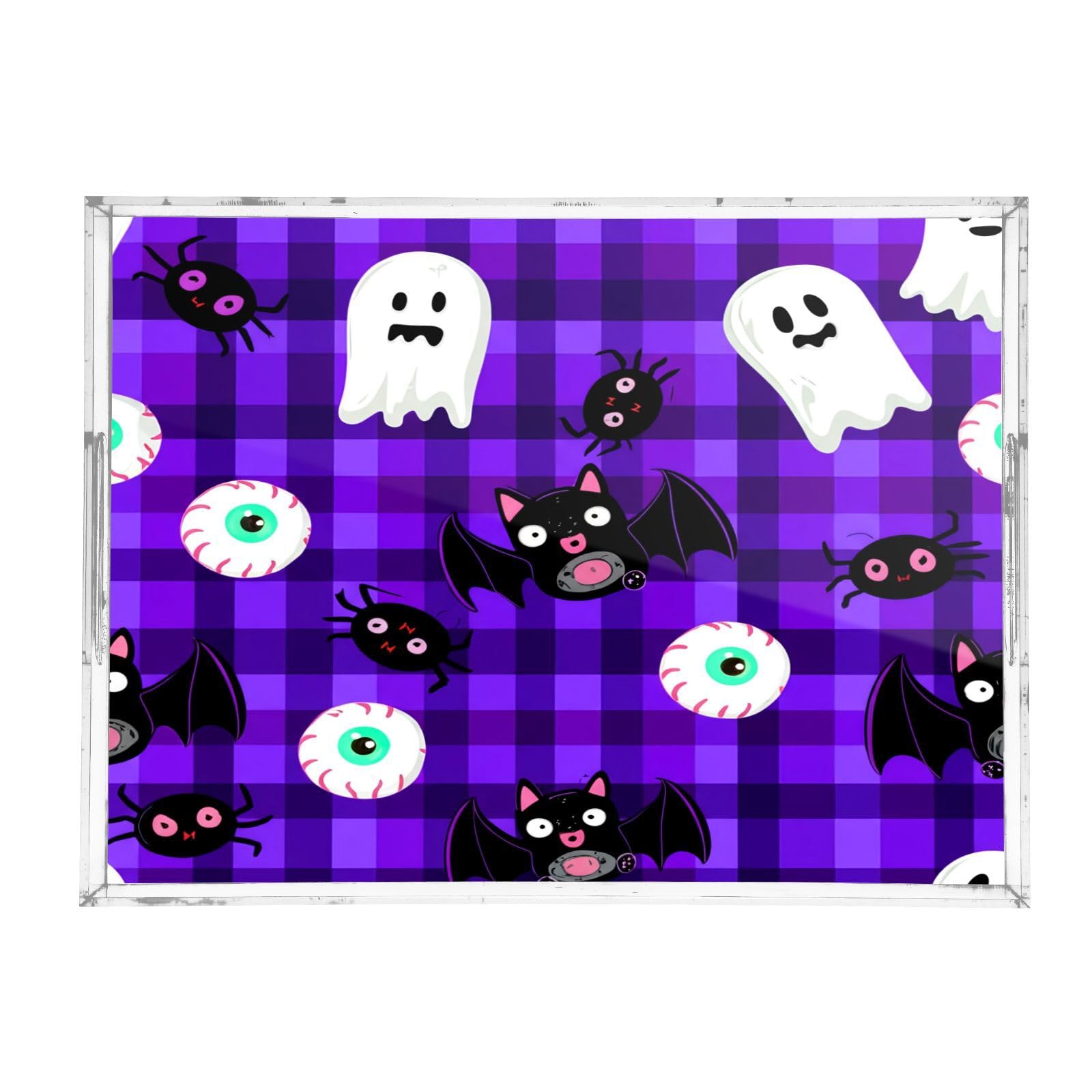 BOESI Cute Ghost and Halloween Bat Acrylic Decorative Dining Tray, Acrylic Decorative Tray Organizer with Handle for Kitchen, Dining Room, Bathroom, Dresser