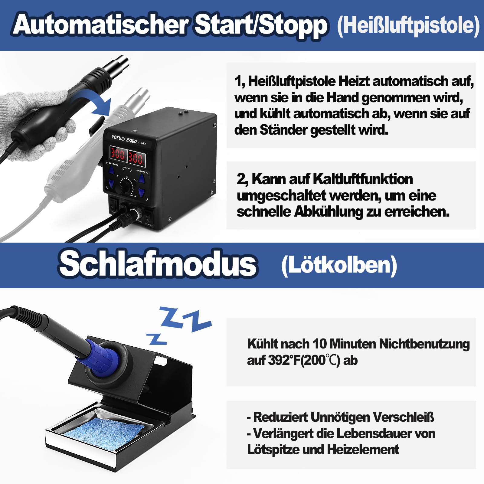 Yofuly 750W Lötstation, 2 in 1 Heißluft Lötstation Lötkolben Set 8786D SMD Entlötstation & Lötstationen 392°F -896°F Einstellbare Temperatur LED Digital Anzeige 5 Zusätzliche Lötspitzen (EU)