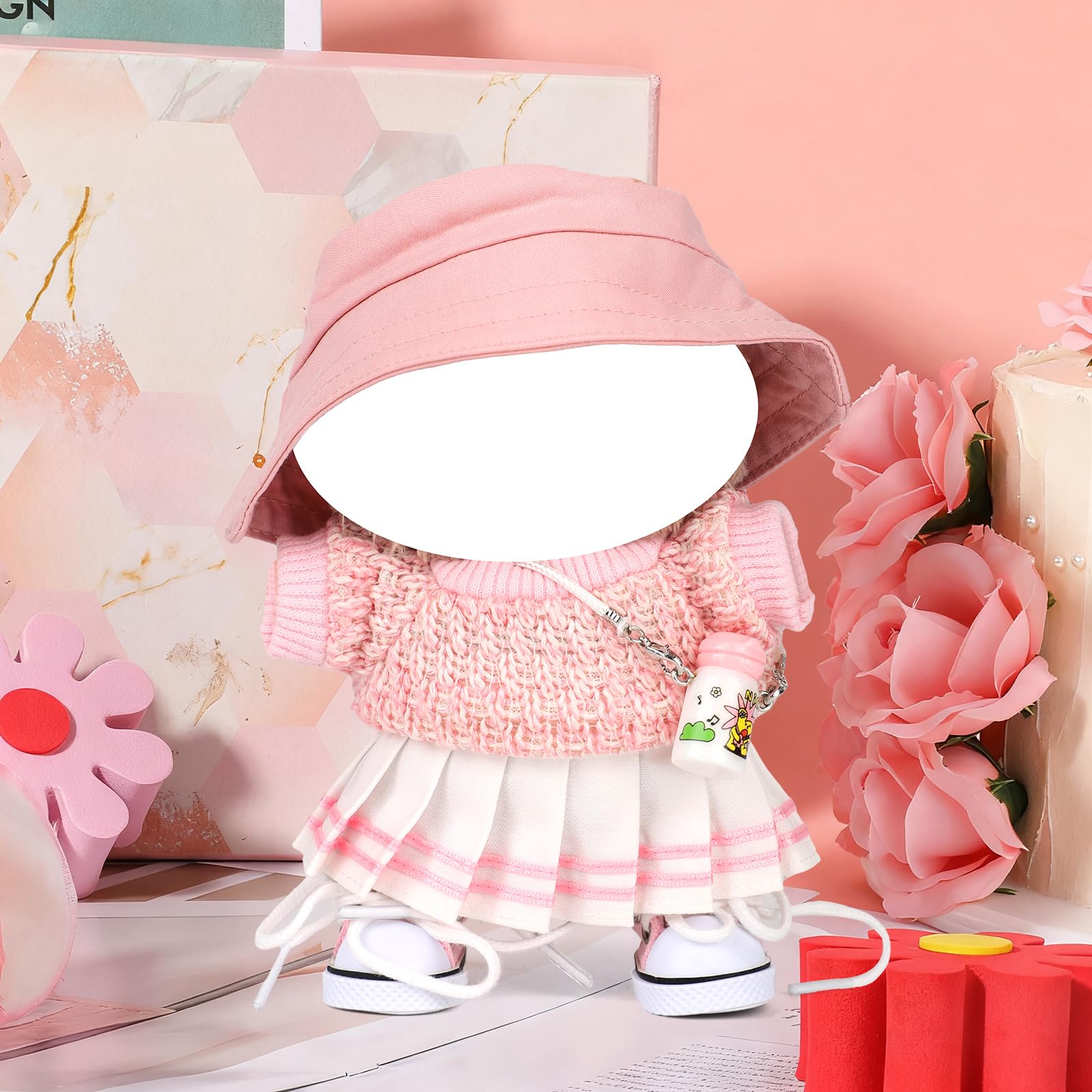 Fukaisu Plush Doll Clothes Set, 5-Piece Cute Pink Clothing Include Sweater, Skirt, Hat, Water Bottle and Canvas Shoes - Image 3