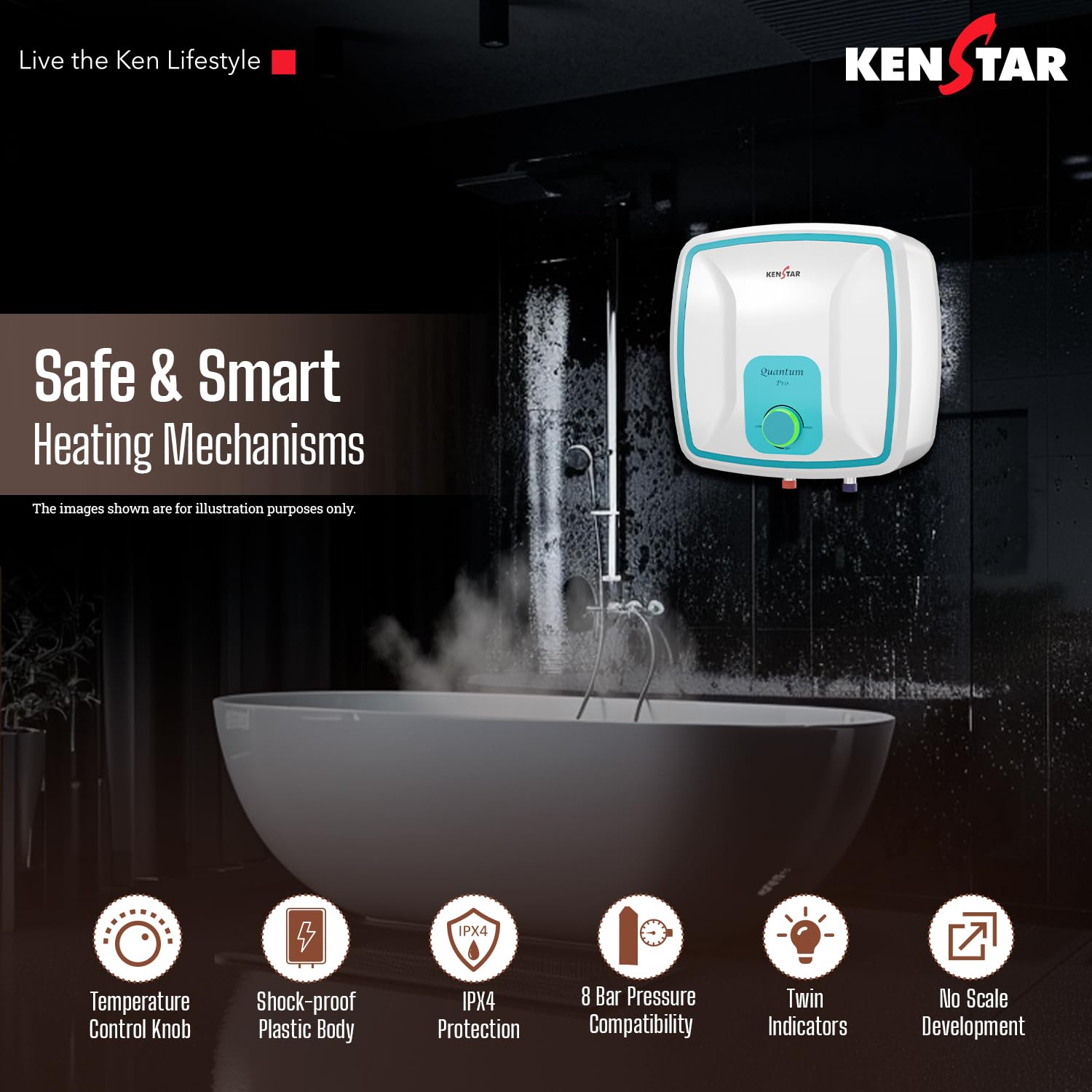 Kenstar Quantum Pro 15-L with LED Indicator & Free Pipe, 5 Star Rated Storage Square Water Heater with Superior Glassine Coated Tank, Powerful 2000W Heating Element, (White and Blue)