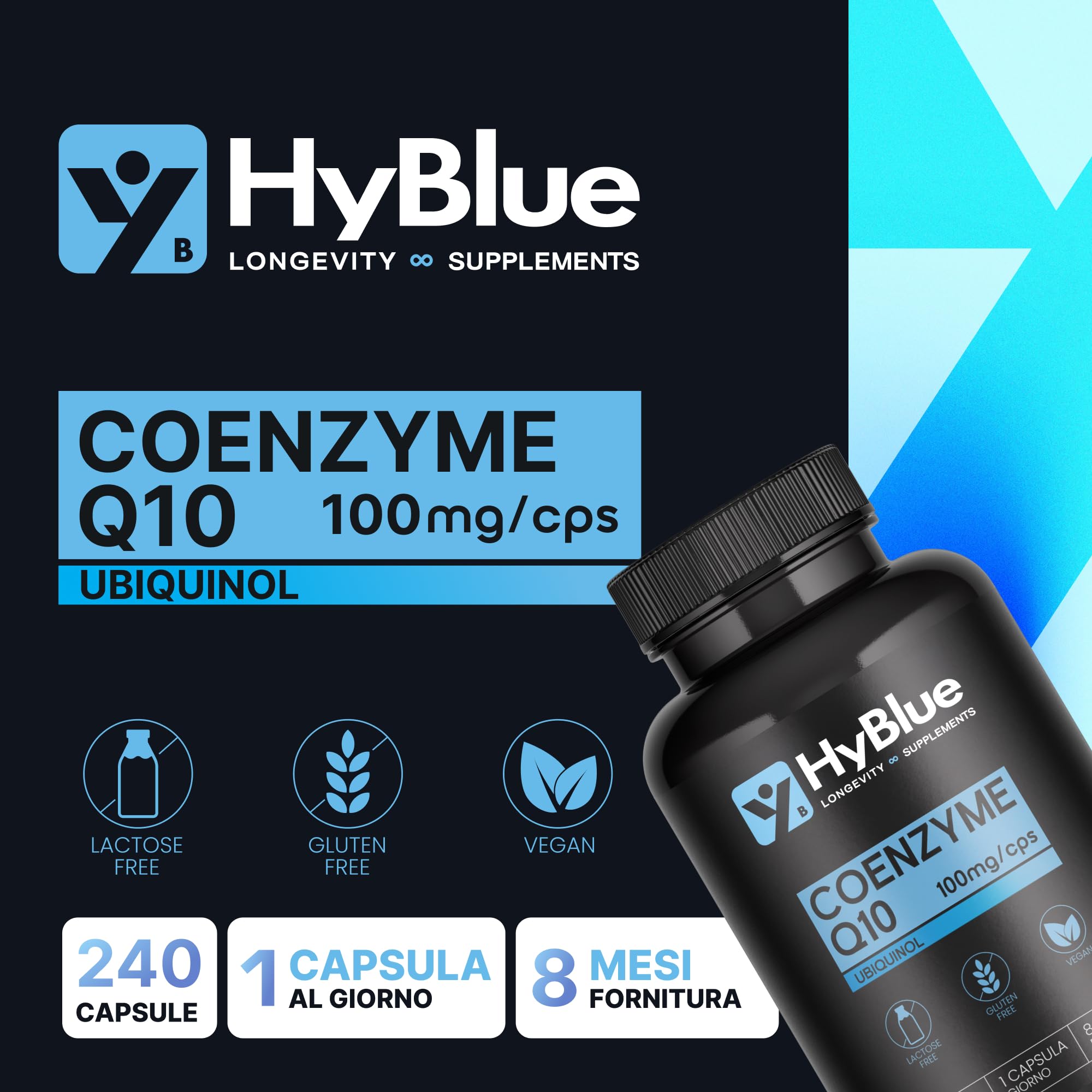 HyBlue Coenzima Q10 Ubichinolo 240 cps, 100 mg | Integratore Ubiquinol Coq10 | Potente Antiossidante per Energia Cellulare e Benessere Cardiaco | Senza Glutine Ne Lattosio, 100% Vegano | Fino 8 Mesi