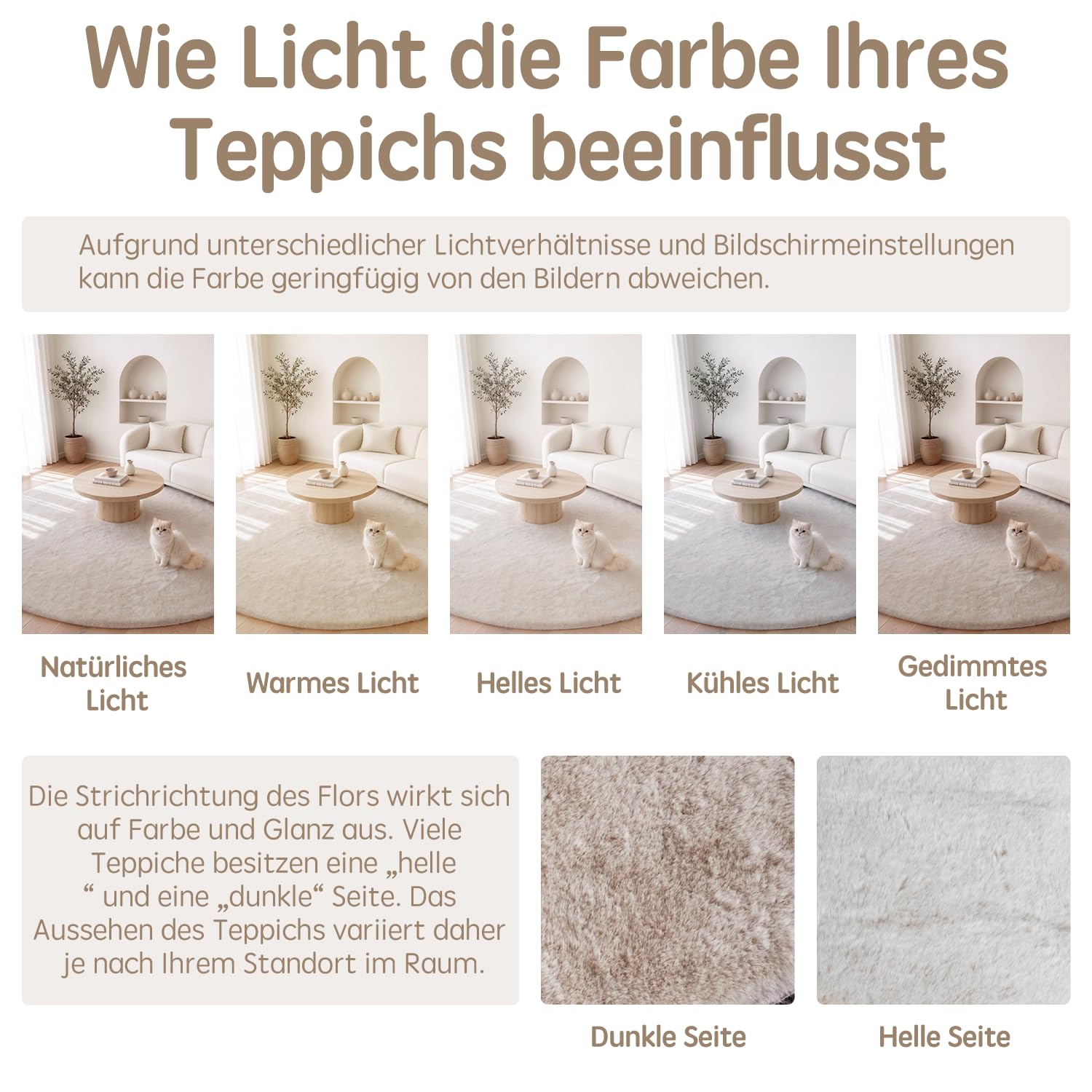 Kunstfell Teppich Kurzflor Wohnzimmer Rund 120 cm Beige Waschbar | Kaninchenfell-Optik | Maschinenwaschbar & rutschfest | OEKO-TEX zertifiziert | Ideal für Sofa, Schlafzimmer & Kinderzimmer