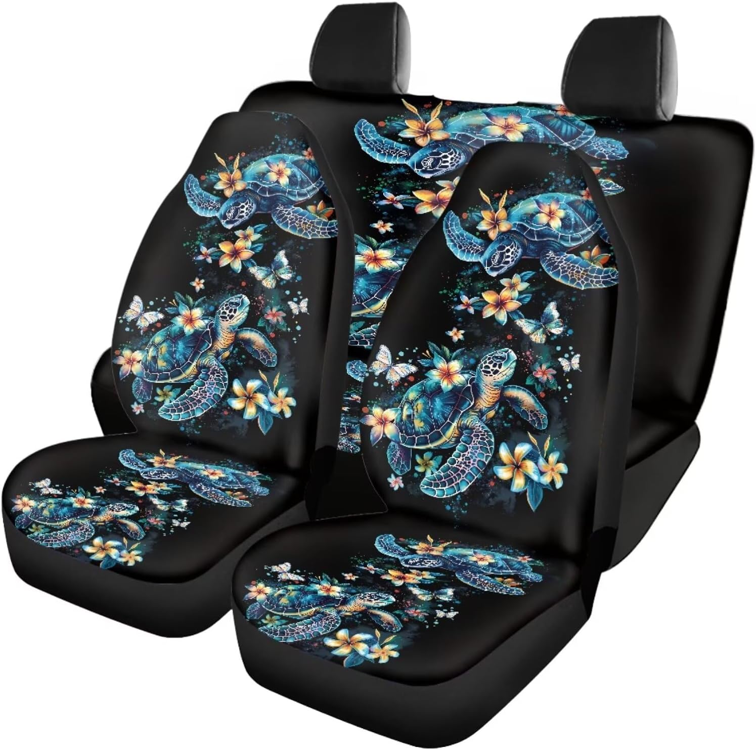 Car Seat Cover Sets, Universal Front and Rear Seat, All Weather Auto Seat Protector, Universal Fit Car Interior Accessories(Turtle, Flower & Butterfly Print)