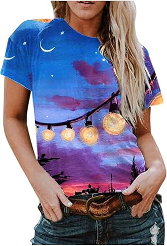 2023 Summer Tops for Women, Womens Loose Casual Print T Shirts Short Sleeve Tops Retro Streetwear Blouse