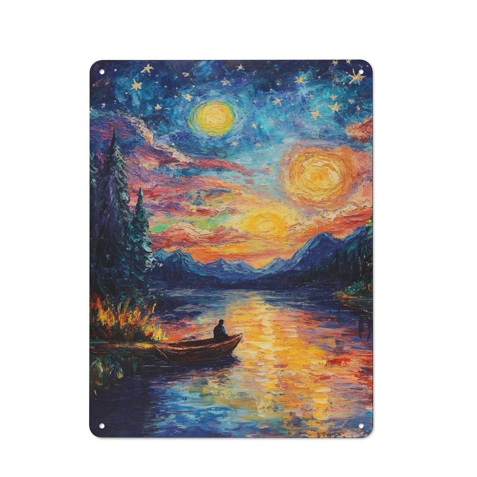 Junmoney Style-4 Impressionistic Lake Scene With Boat Retro-Style Printed Metal Sign 40X30cm For Hallway Wall, Winter Wall Decor For Wall Display Collectors