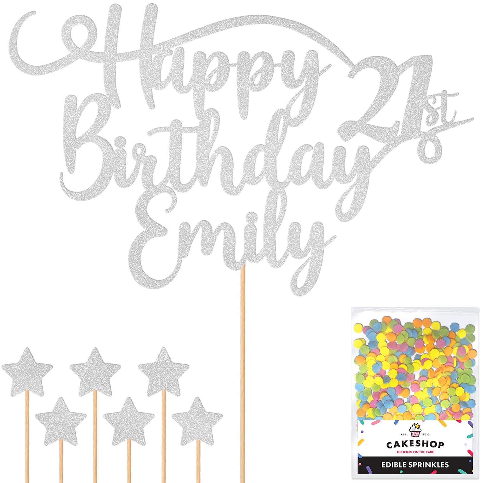 Personalised Happy Birthday Glitter Cake Topper - Light Silver Any Name & Any Age Glitter Cake Decoration and Sprinkles - Happy Birthday Decorations - Personalised Toppers for Cakes by Cakeshop — image 1