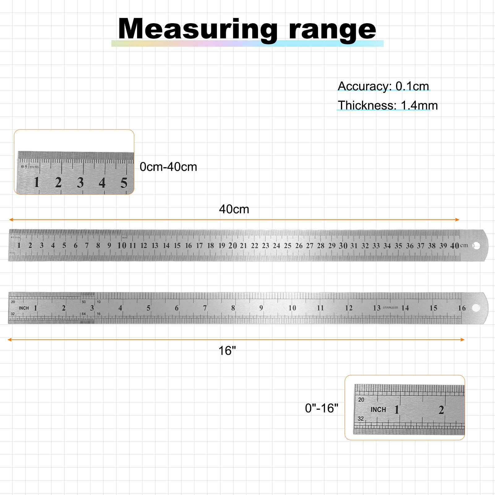 QUARKZMAN 10 Pezzi Righello In Acciaio Inossidabile 40 Cm 15 Pollici | Righello A Estremità Dritte, Metrico Pollici, Per Aula Casa Ufficio