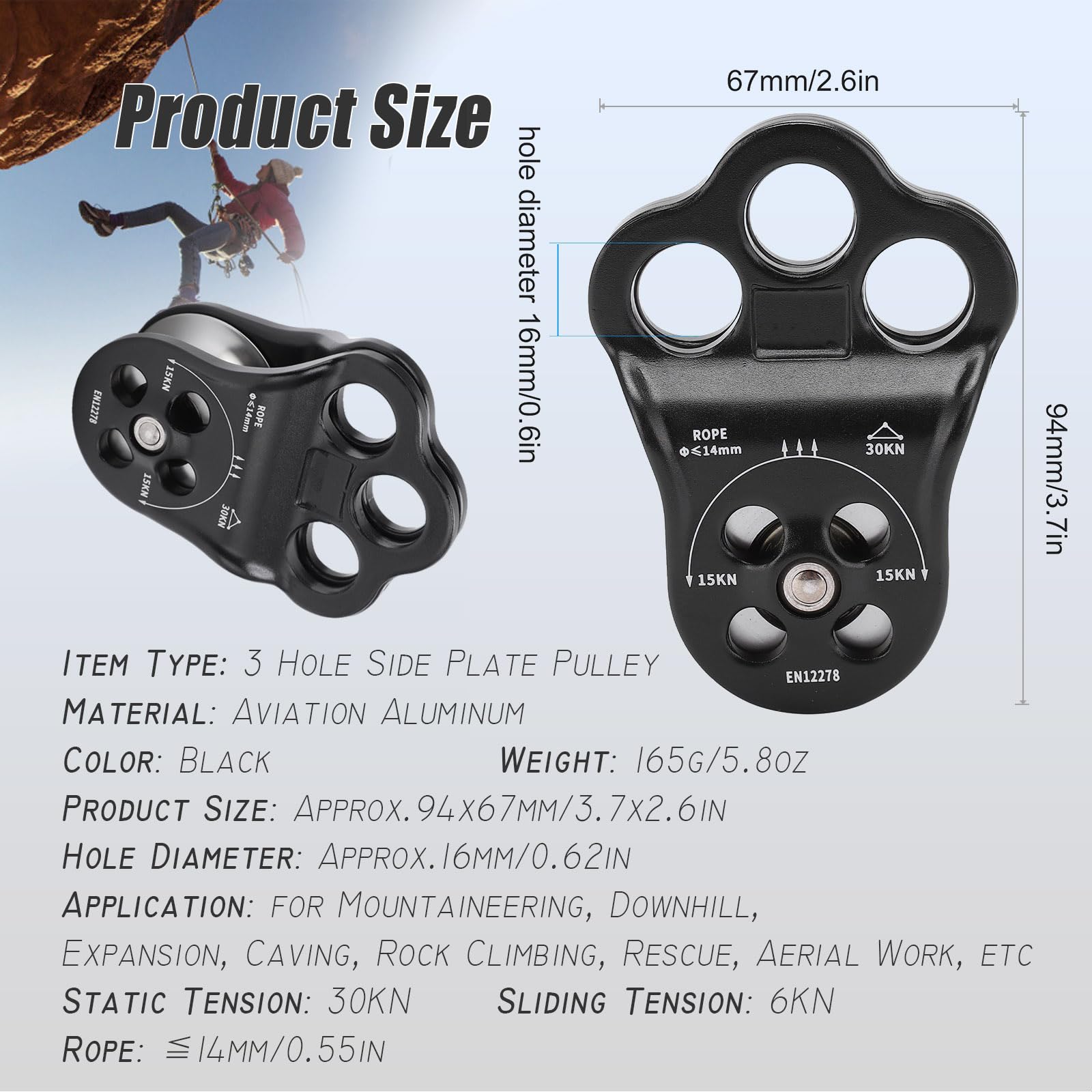 30kn Hitch Climber Pulley Dual Bearing for Rigging Hauling Arborist, Black Aluminum Rescue Equipment 3 Hole Side Plate Pulley for Mountaineering Rock Climbing