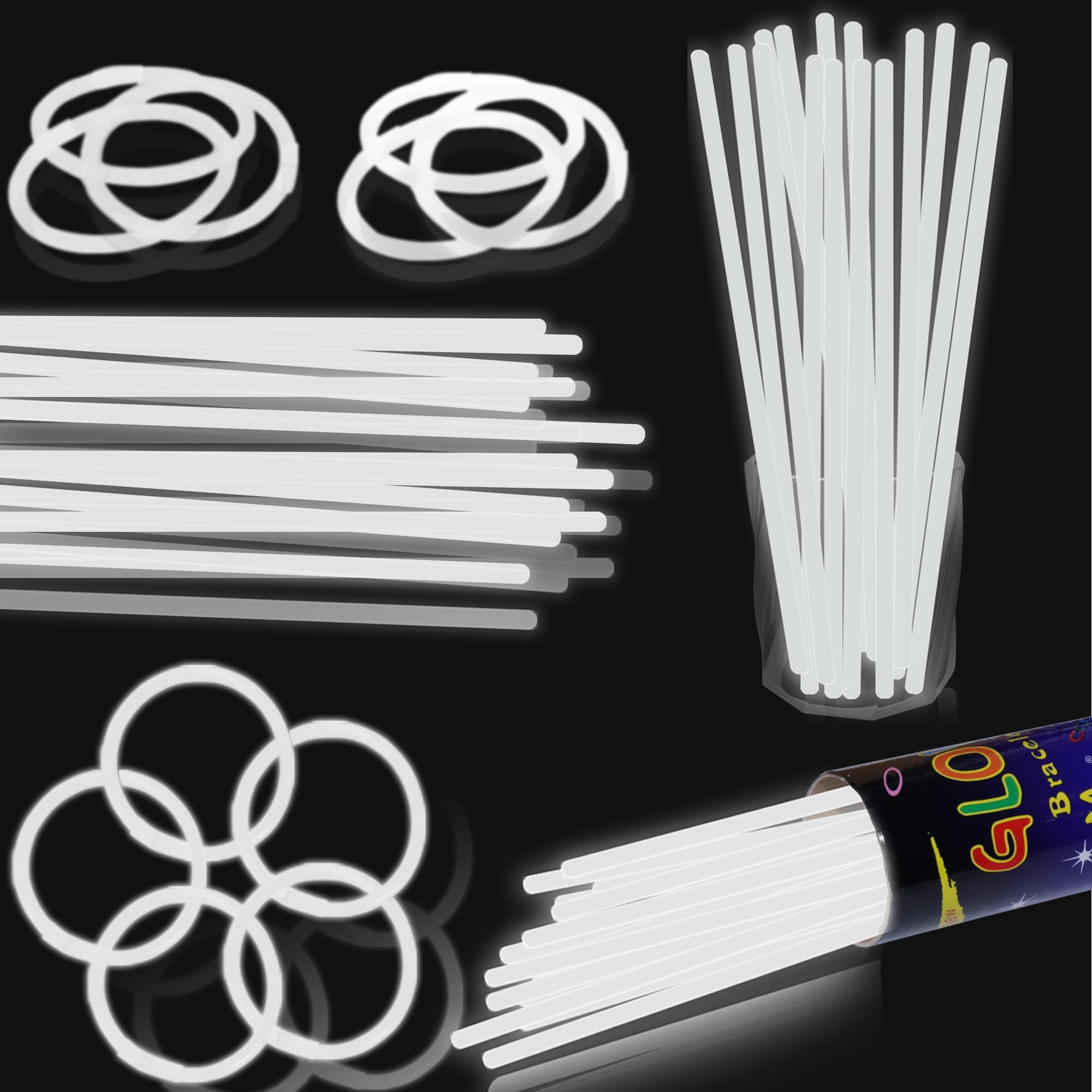 100 pk 8" White Glow Sticks Bulk Party Favors, Light up Glow Necklaces & Bracelets in the Dark Party Supplies For Christmas Halloween 4th of July