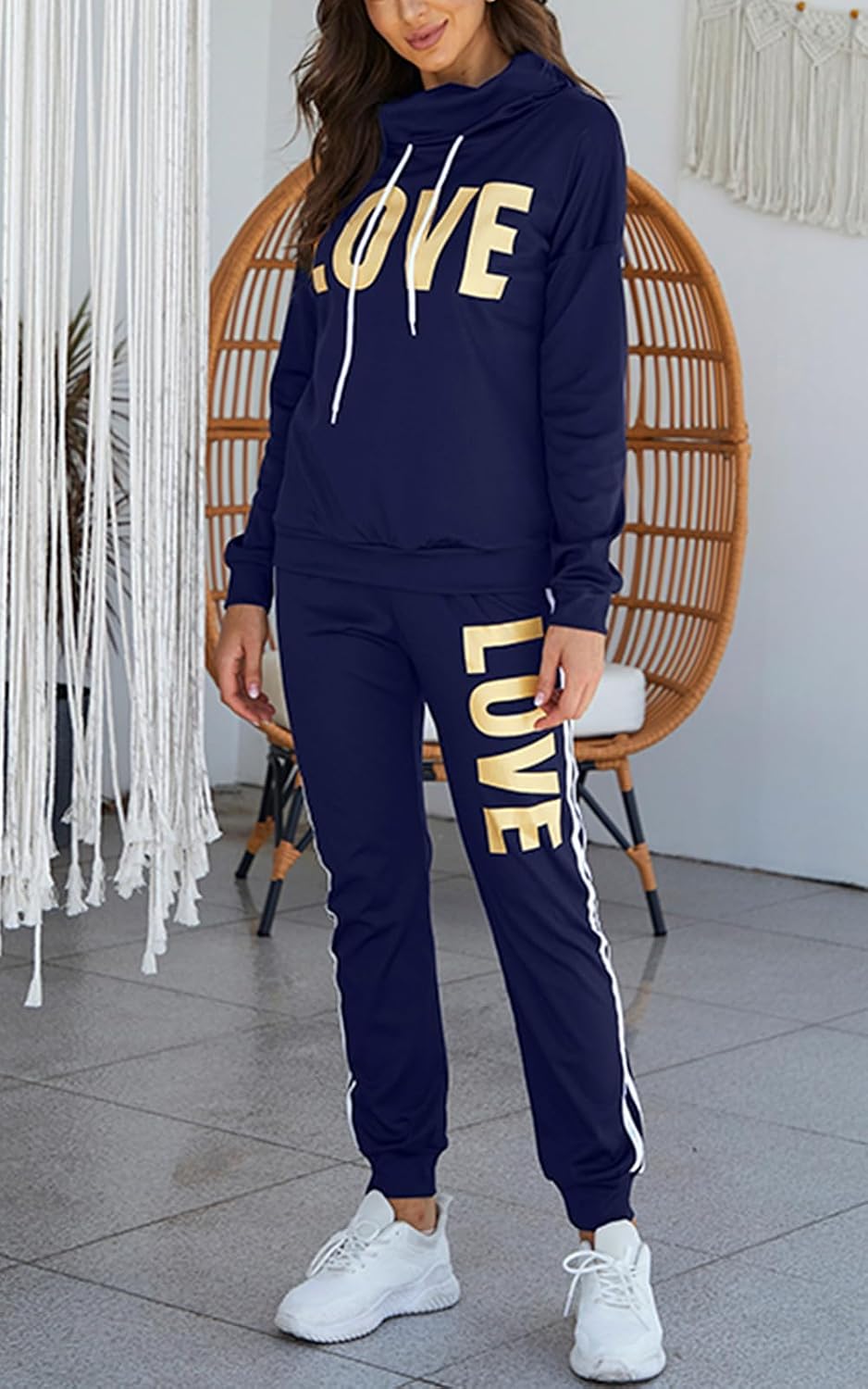Angsuttc Womens 2 Piece Sweatsuit Set Letter Print Jogger Pants | Soft lightweight stretch fabric with letter print top and side stripe jogger pants for lounge, travel and casual daily wear