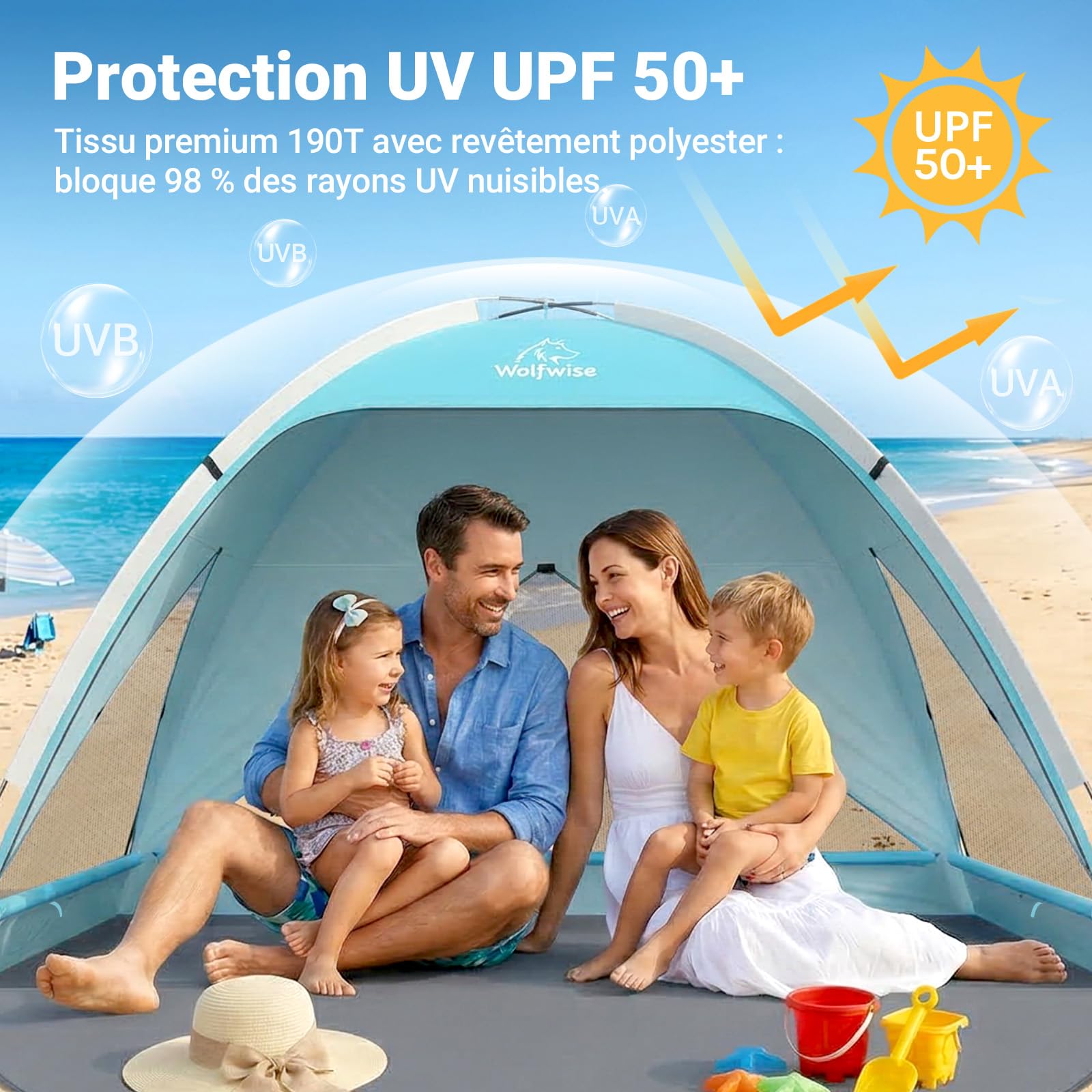 Wolfwise Tente de Plage UPF 50+ pour Famille, Abri Solaire Anti-UV avec 3 Fenêtres Ventilées, Plancher Extensible et Sac de Transport, Capacité 4 Personnes, Bleu