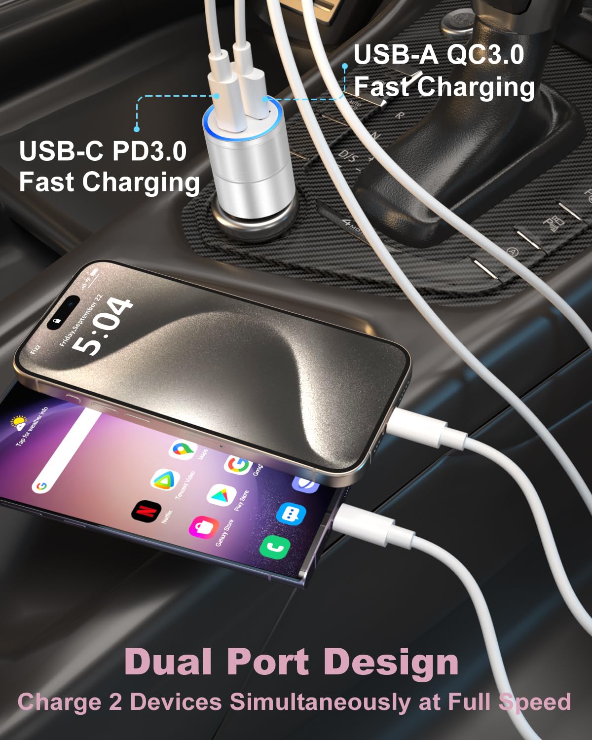 36W USB C Car Charger, OKRAY Dual Port PD+QC3.0 Fast Charging Car Phone Charger Type C Cigarette Lighter Adapter with USB C Cable Compatible for iPhone 15 Pro Max Plus, iPad, Galaxy S24 S23 S22 Note20