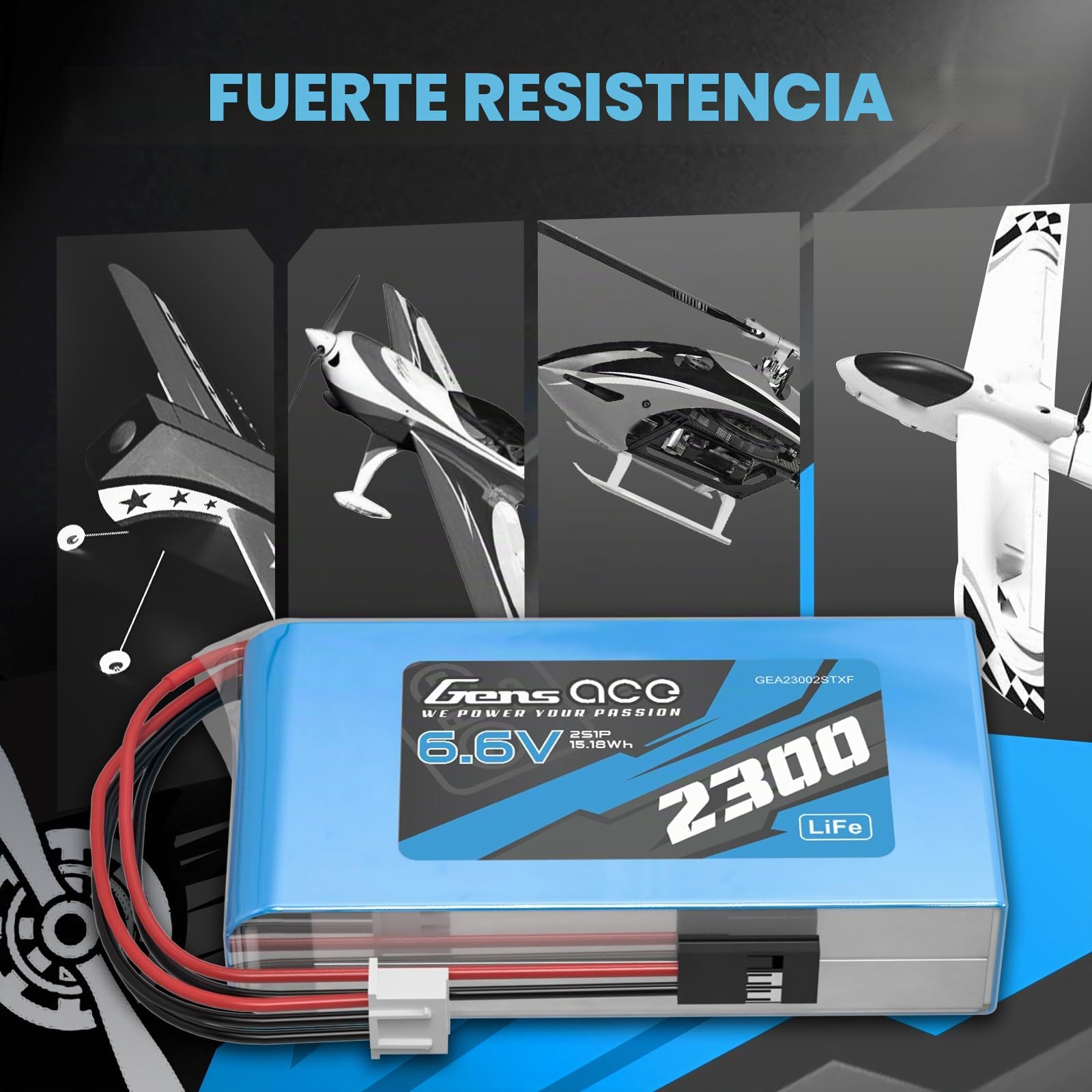 Gens ace Batería Li-Fe 2S1P 6,6 V 2300 mAh con Conectores JST-XHR y Futaba – Batería de Baja Descarga para Emisora RC/Transmisor