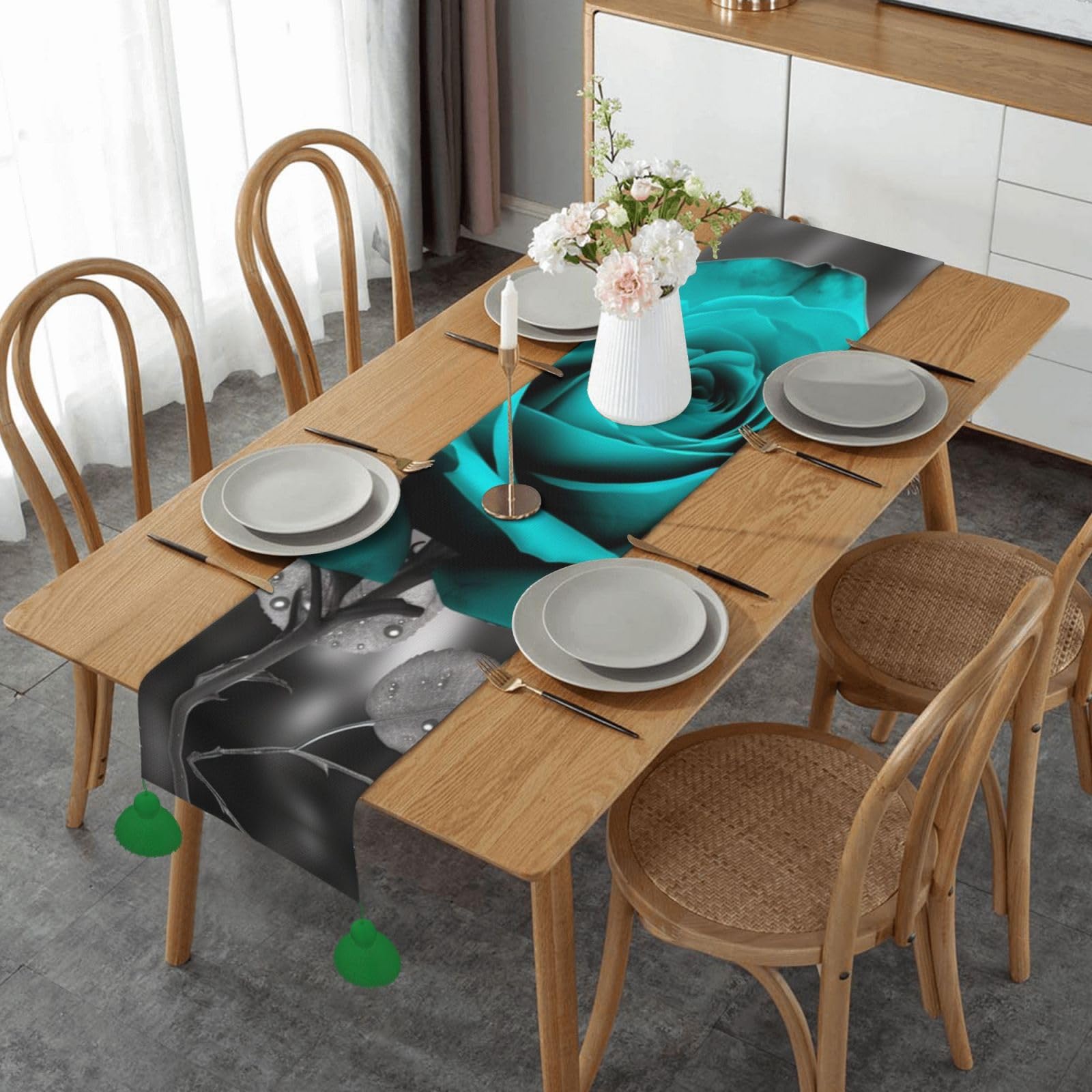 Chemin de table pampilles avec imprimé original rustique chic 35x152cm
