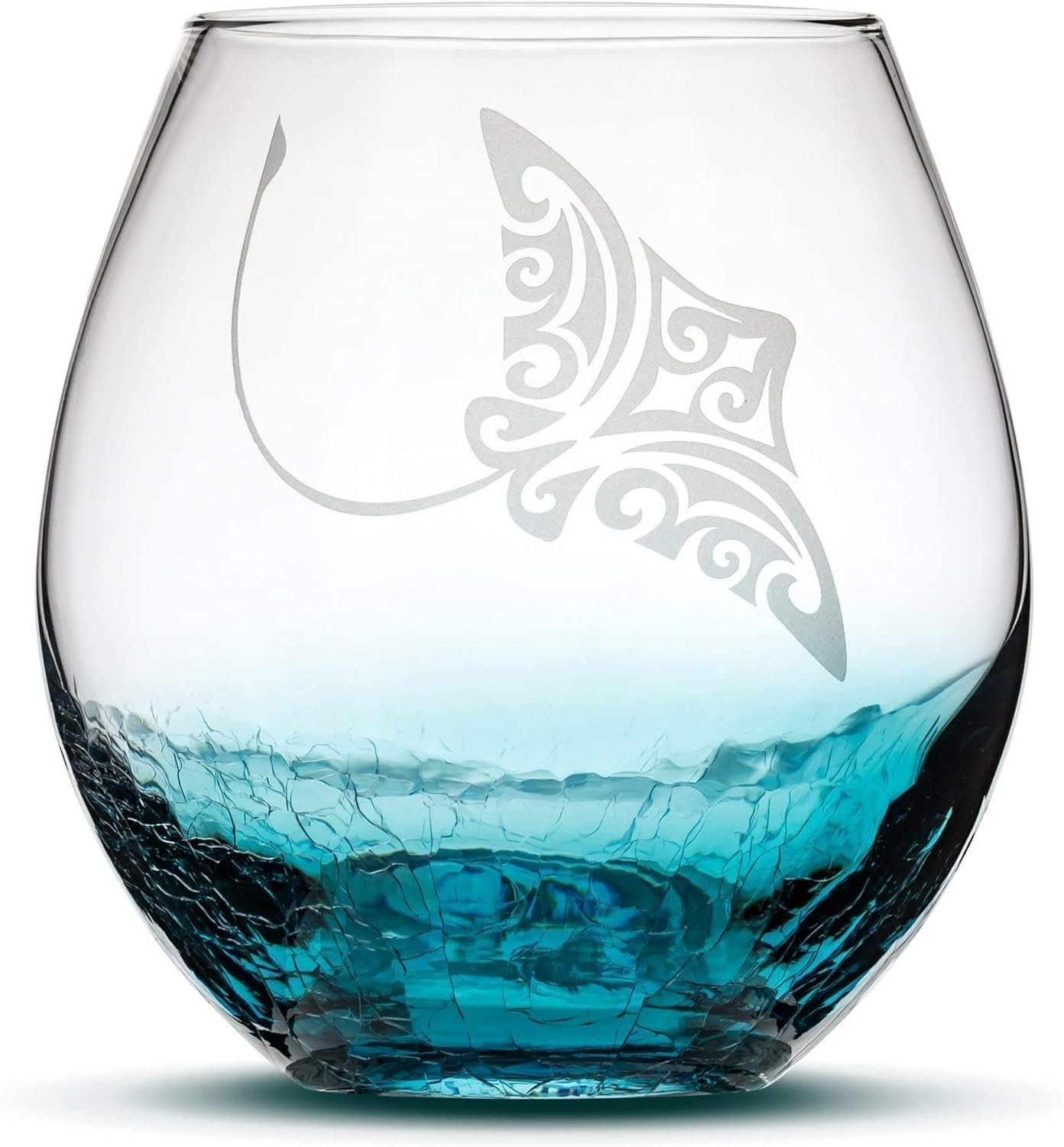 Integrity Bottles Tribal Stingray Design Stemless Wine Glass, Handmade, Handblown, Hand Etched Gifts, Sand Carved, 18oz (Crackle Teal)