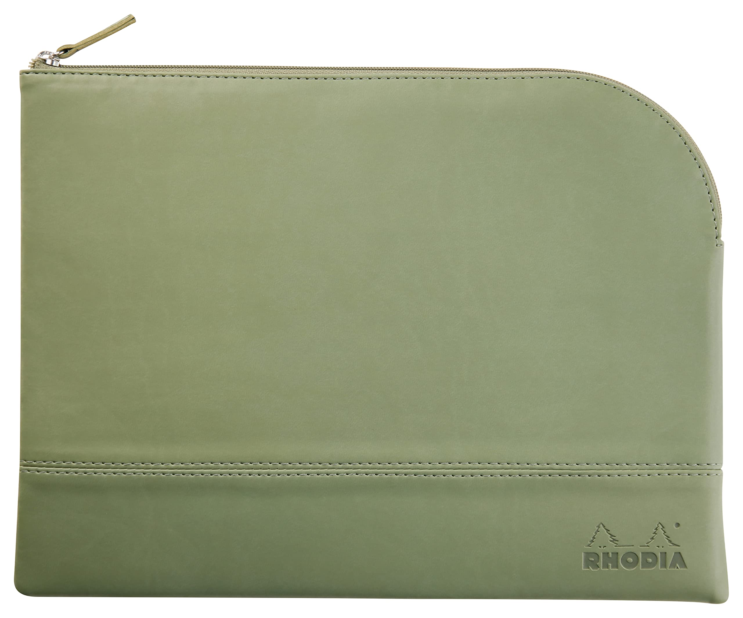 RHODIA 116732C, Faux Leather Zipped Pouch, Sage, Size L (21 x 28 cm), Genuine Stitching, Orange Fabric Inside