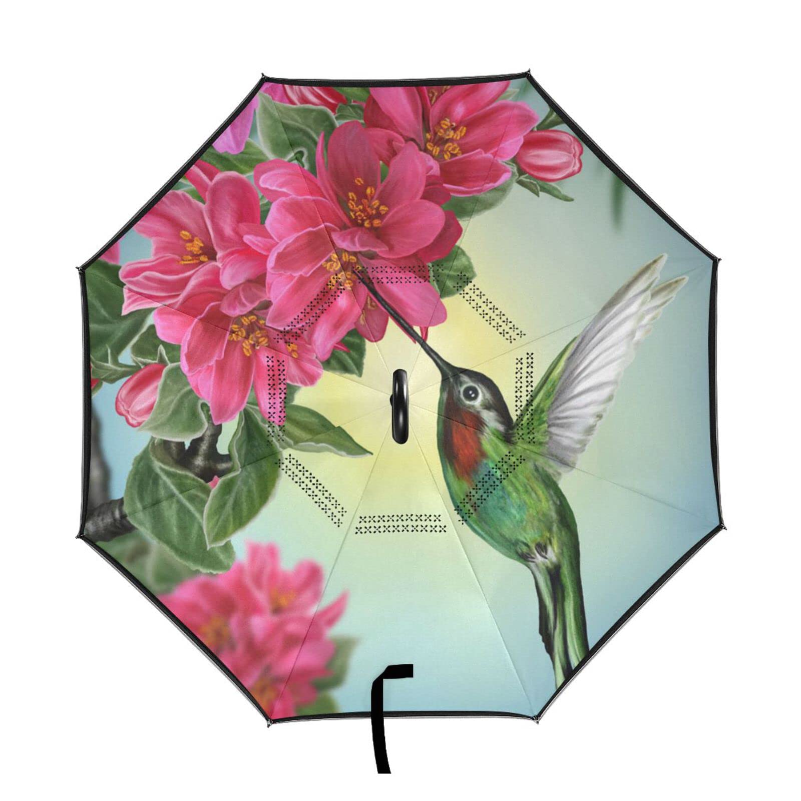 MNSRUU Paraguas invertido de flores de colibrí de doble capa para coches a prueba de viento Paraguas de lluvia para coche al aire libre con mango en forma de C, protección UV, Green, L