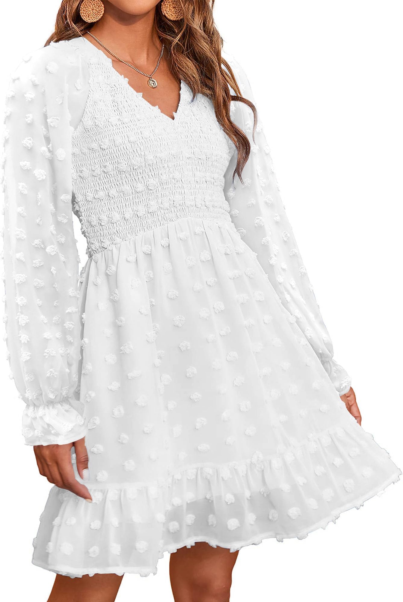 BTFBMWomen V Neck Smocked Short Dress Long Sleeve Flowy Casual SwissDot Ruffle Mini Babydoll Spring Summer Dresses 2024