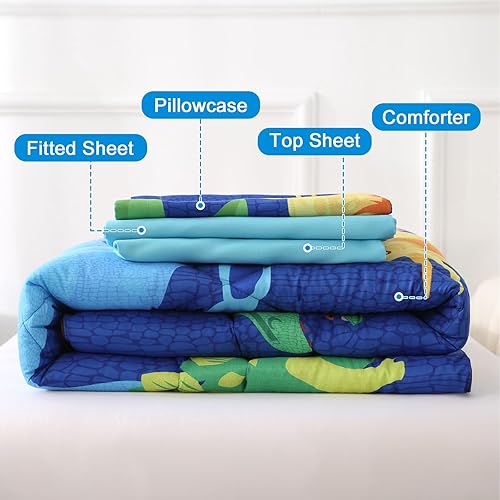Miniatura 5 de Wowelife Juego de ropa de cama de dinosaurio para niños pequeños, juegos de ropa de cama de 4 piezas para niños pequeños, juego de edredón azul para