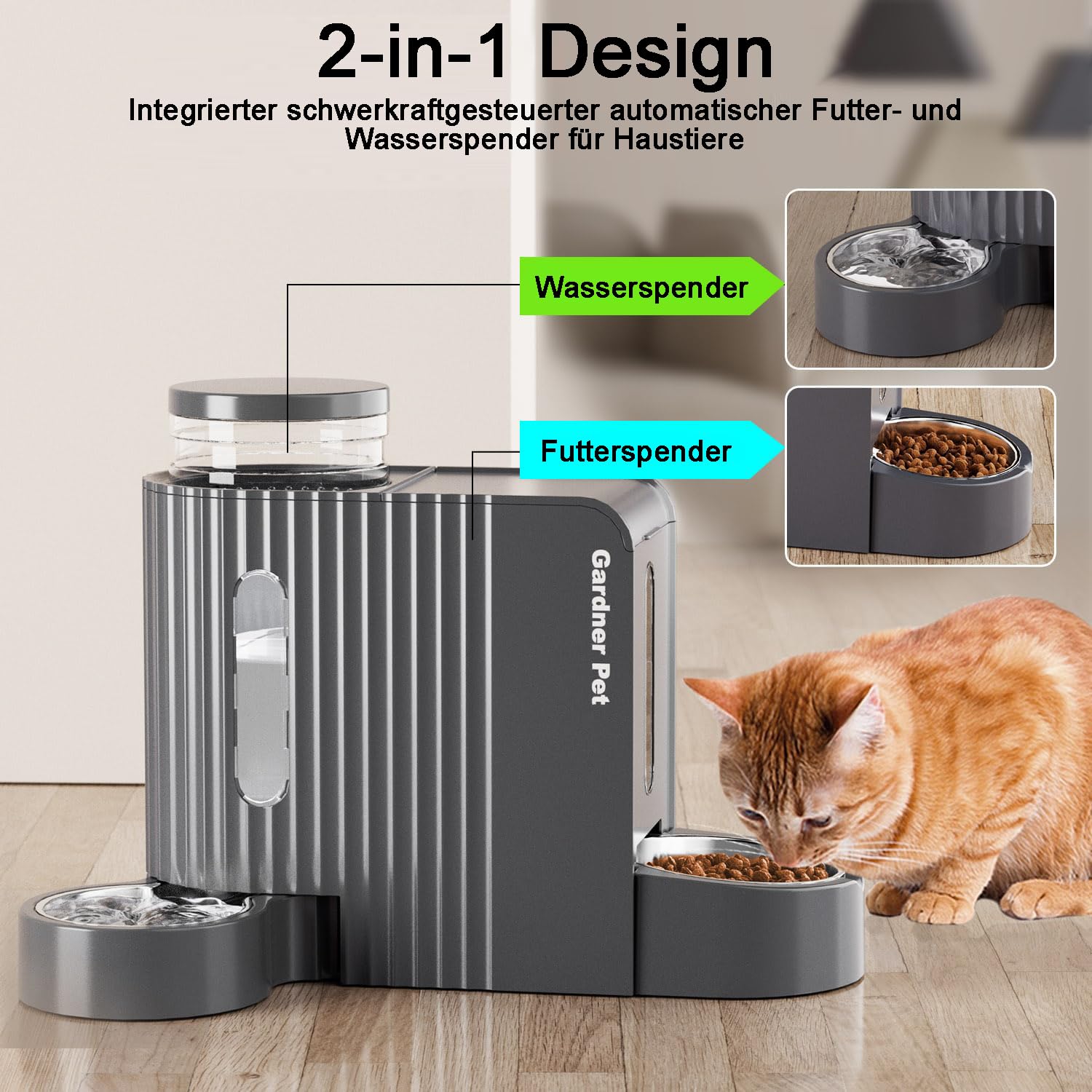 Gardner Pet Automatischer Futterspender Katzen/Hunde, 2 Edelstahlnäpfe 3L*2 | Nicht elektrisch, Edelstahlschüssel, Ohne Strom, BPA Frei, Gravitation, 3L*2, Grau
