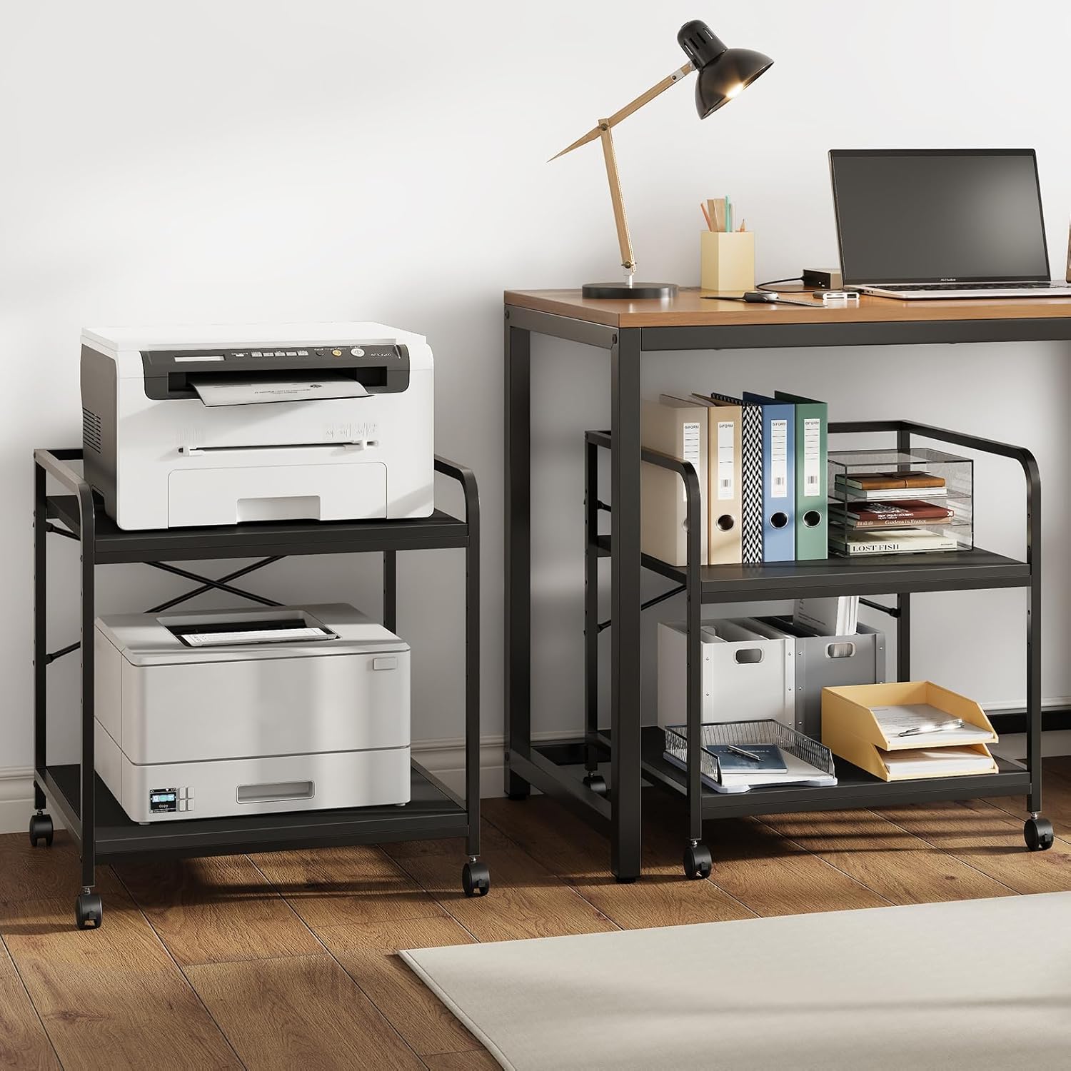 Printer Stand, 22''W X 20''D X 22.4''H Under Desk Printer Stand, 3D Printer Table with Storage, Large Printer Cart with Height Adjustable Shelf, Rolling Printer Cart with Wheels for Home Office, Black