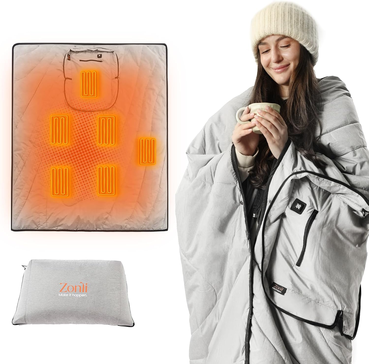 ZonLi Heated Blanket Battery Operated, Wearable Portable Electric Blanket with Rechargeable Battery, 50"x60"Cordless Heated Blanket, Waterproof, Machine Washable(Light Gray)