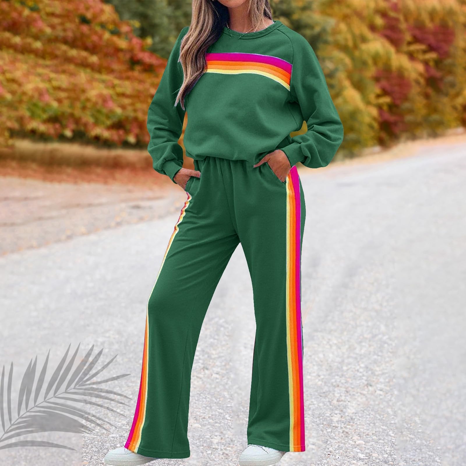 Generisch Set da 2 pezzi da donna a righe arcobaleno, maglione, felpa e pantaloni abbinati a gamba larga, tuta da allenamento lounge (nero, L)
