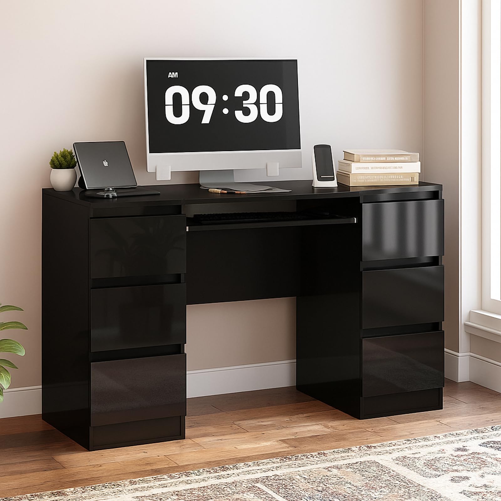LSBIKE White Desk with 6 Drawers High Gloss Computer Desk Table