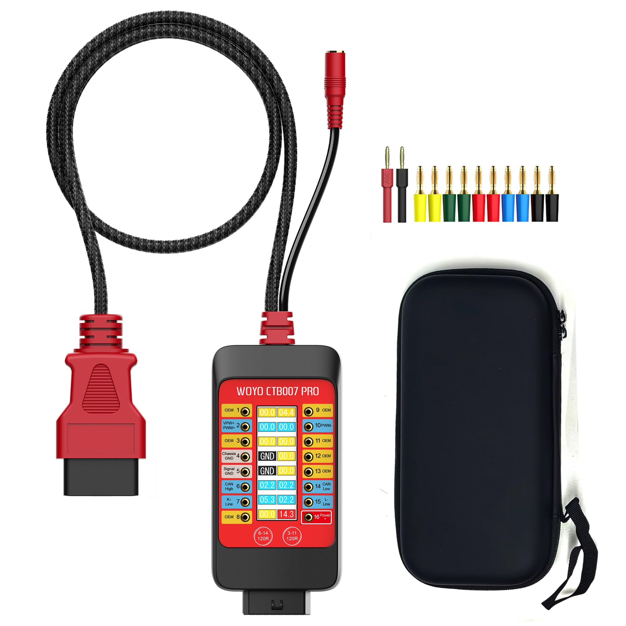 WOYO CTB007 PRO 12V/24V OBD2 Breakout Box con pantalla LCD de 16 pines Vrms, caja de prueba CAN con 120Ω integrada para herramienta de prueba de ECU en banco, cable de extensión de 27 pulgadas