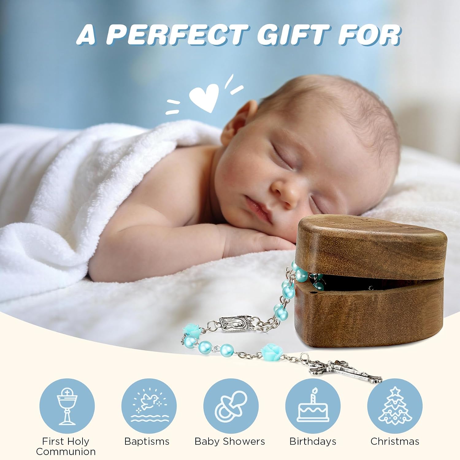 NORBU Baptism Gifts for Girl, My First Rosary with Wooden Keepsake Box, Rosary for Kids, First Communion & Baby Dedication Gifts for Newborn Baby Boys Catholic Christening Gift